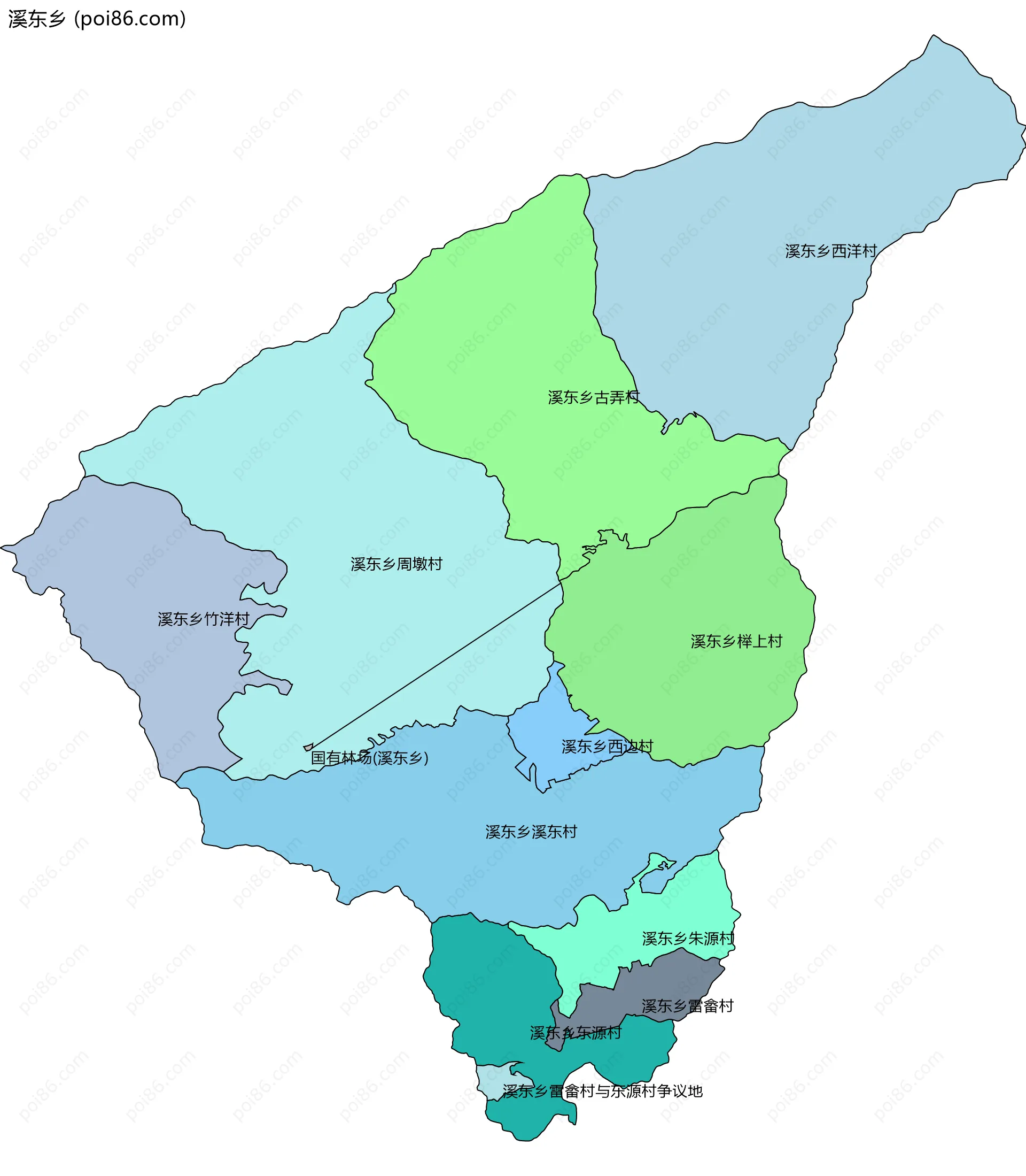 溪东乡边界地图(五级行政区划)