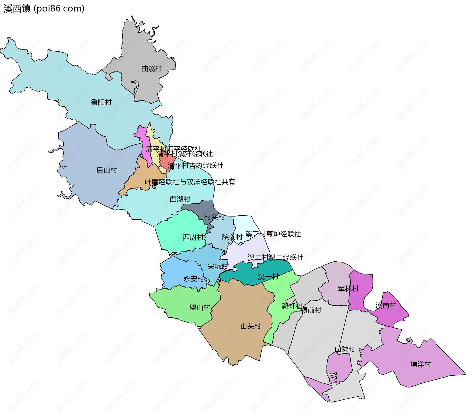 溪西镇边界地图(五级行政区划)