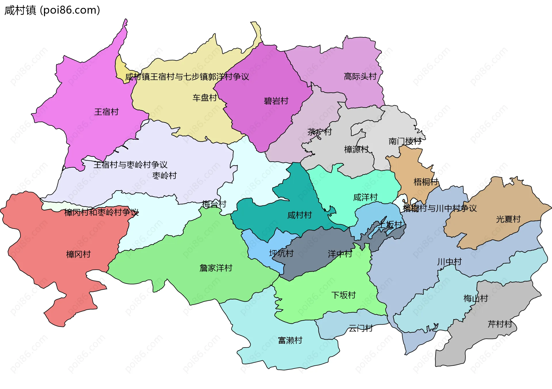 咸村镇边界地图(五级行政区划)