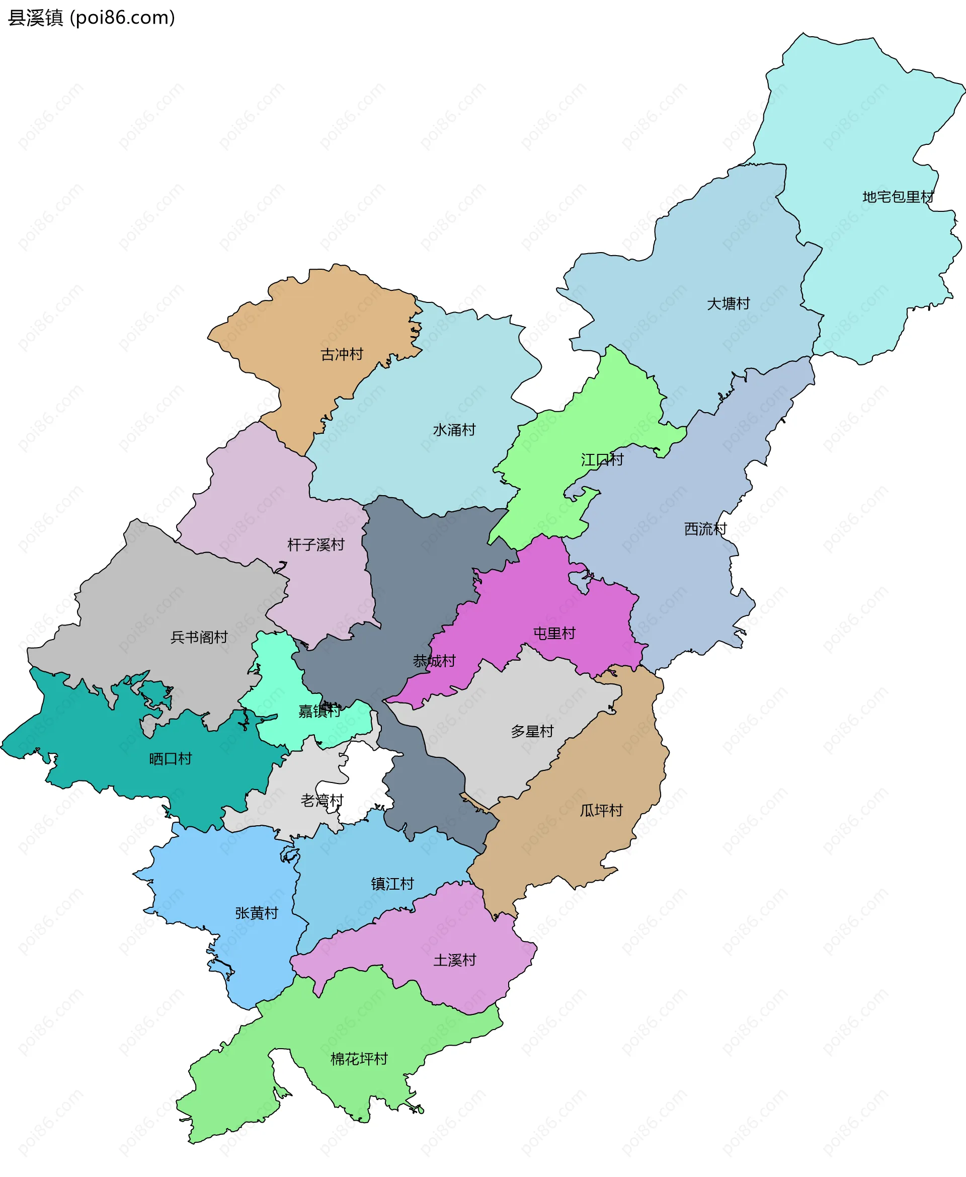 县溪镇边界地图(五级行政区划)