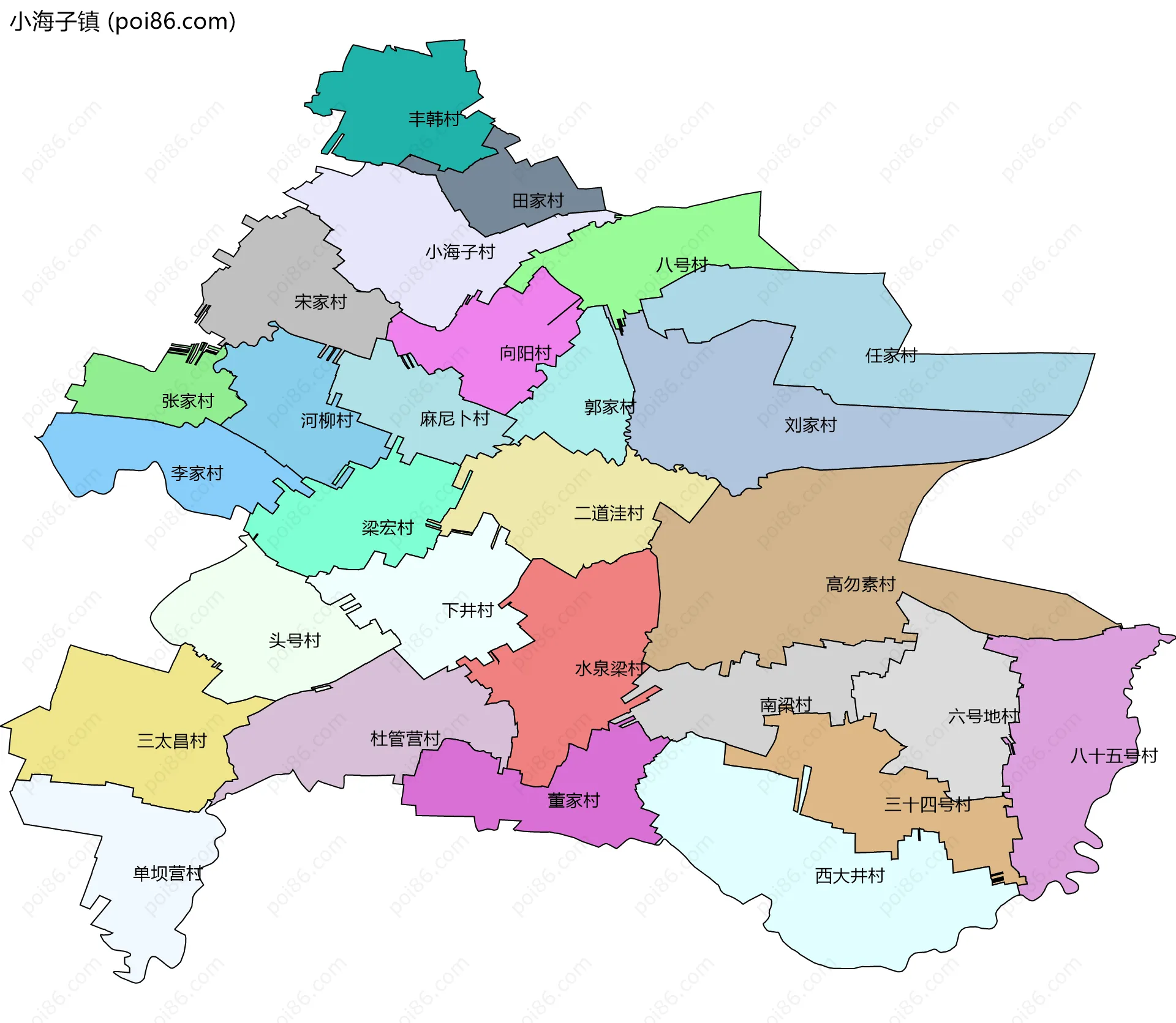 小海子镇边界地图(五级行政区划)