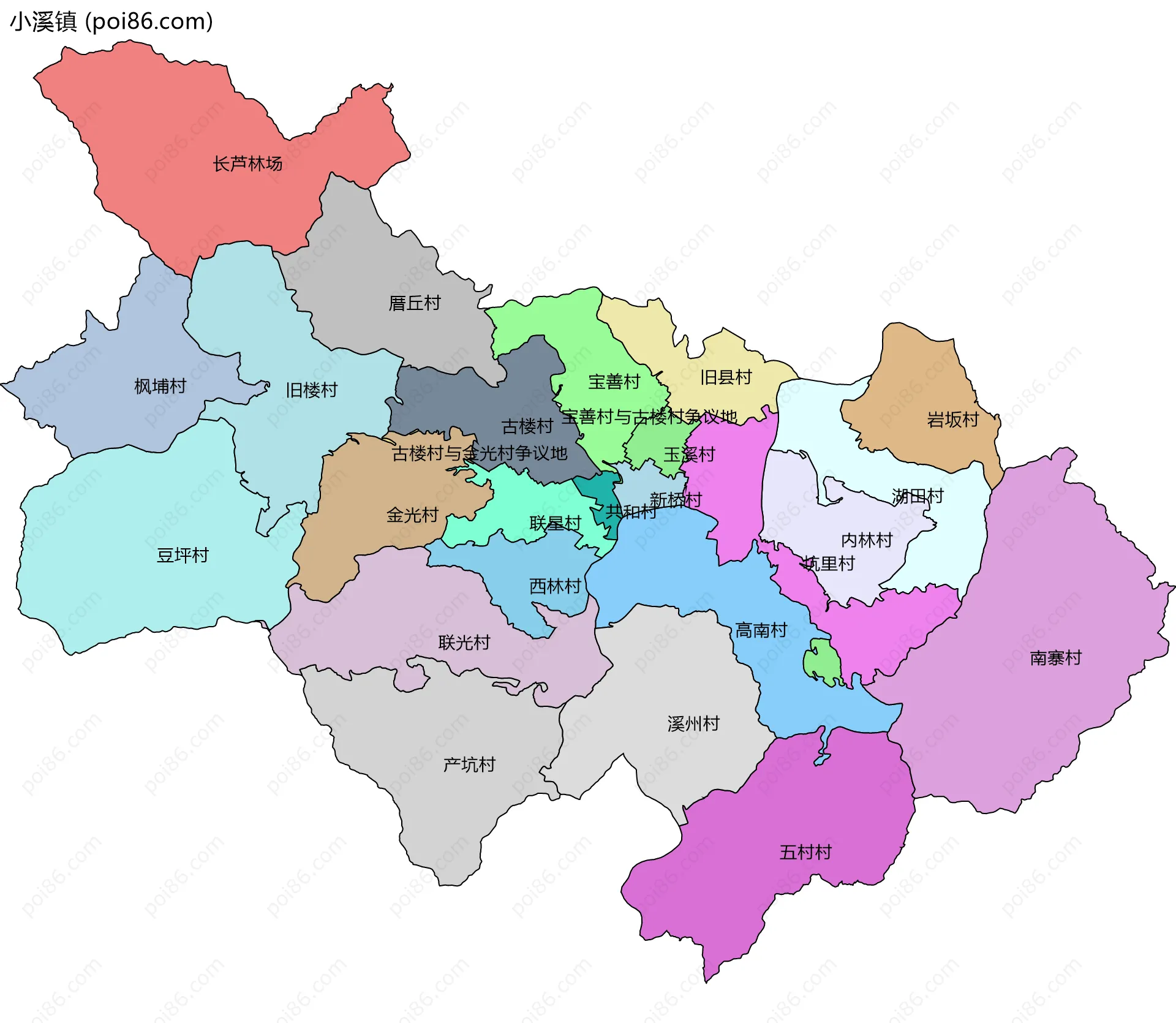 小溪镇边界地图(五级行政区划)