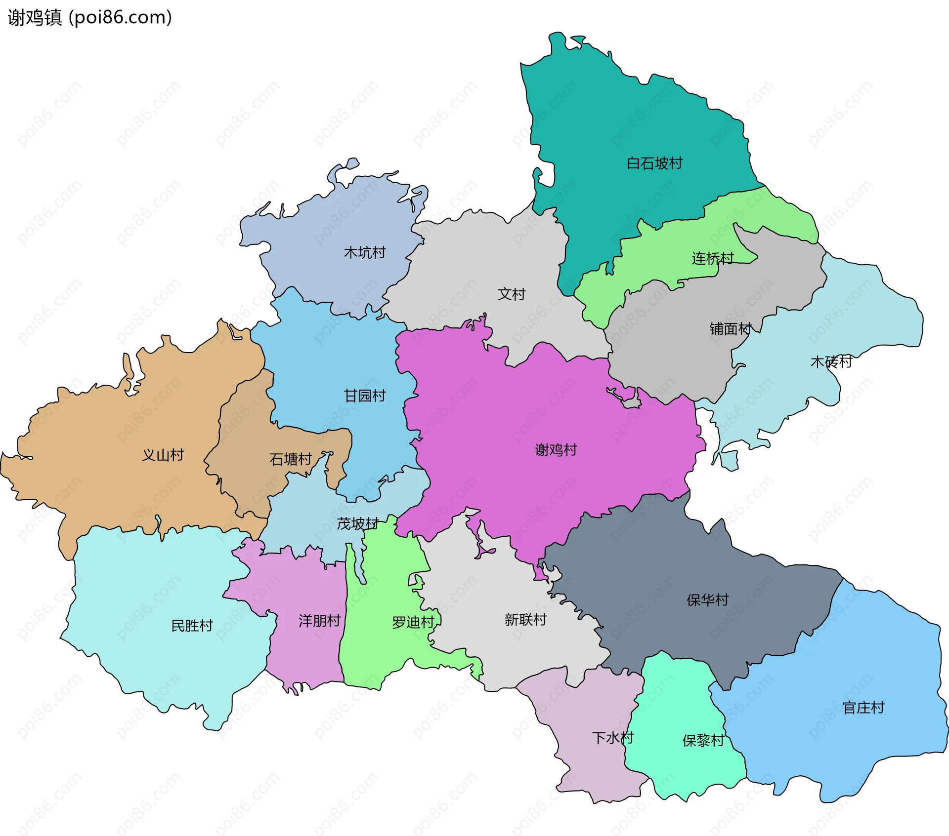 谢鸡镇边界地图(五级行政区划)