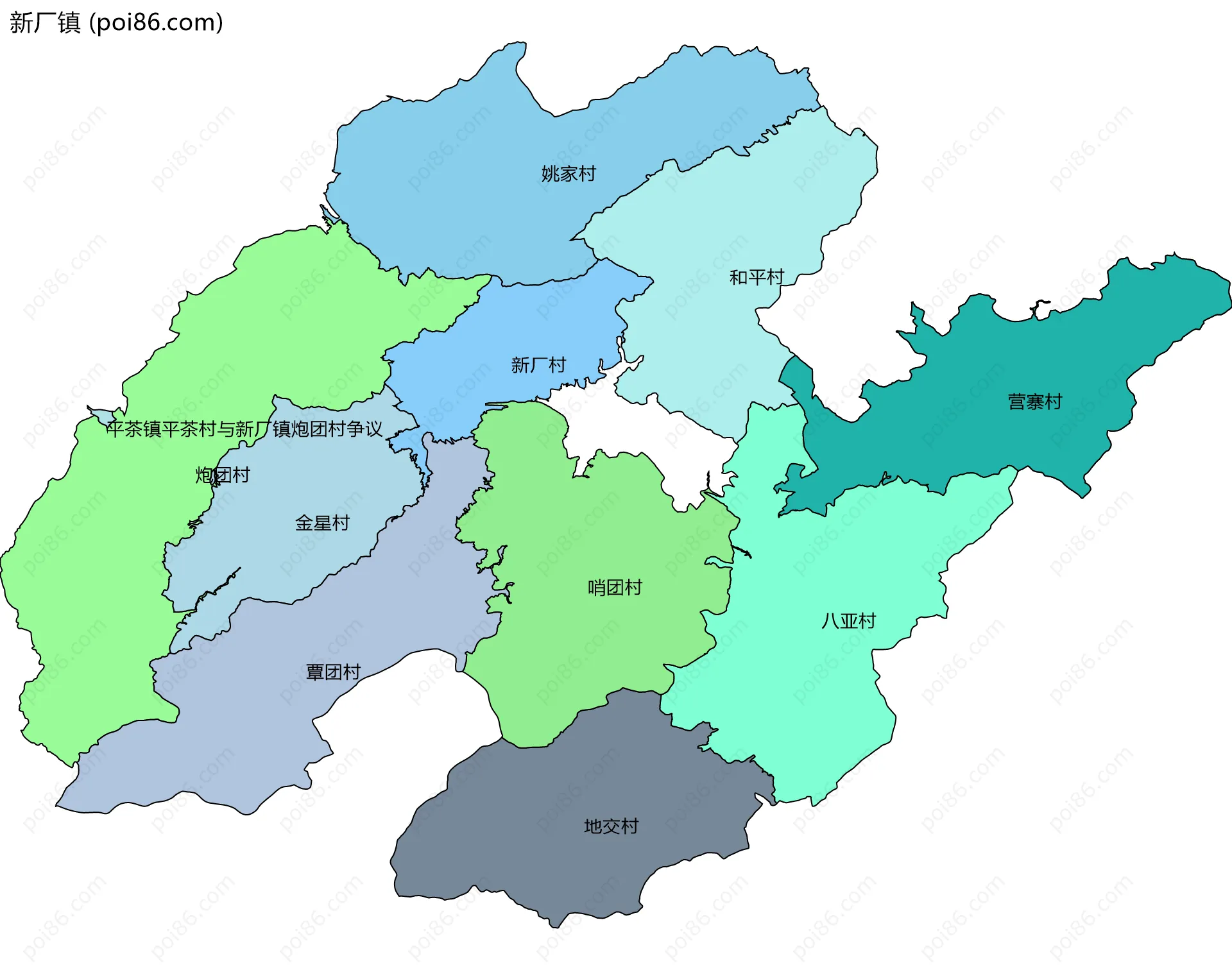新厂镇边界地图(五级行政区划)