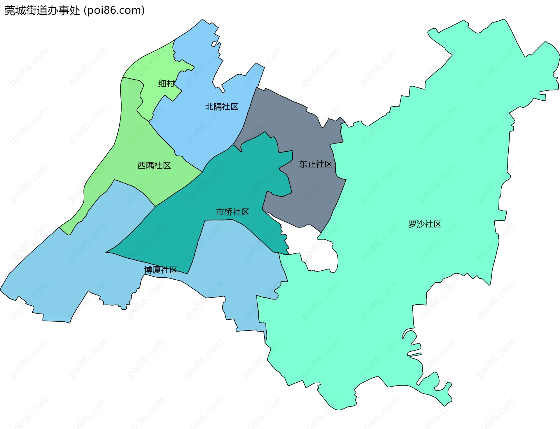 莞城街道办事处边界地图(五级行政区划)