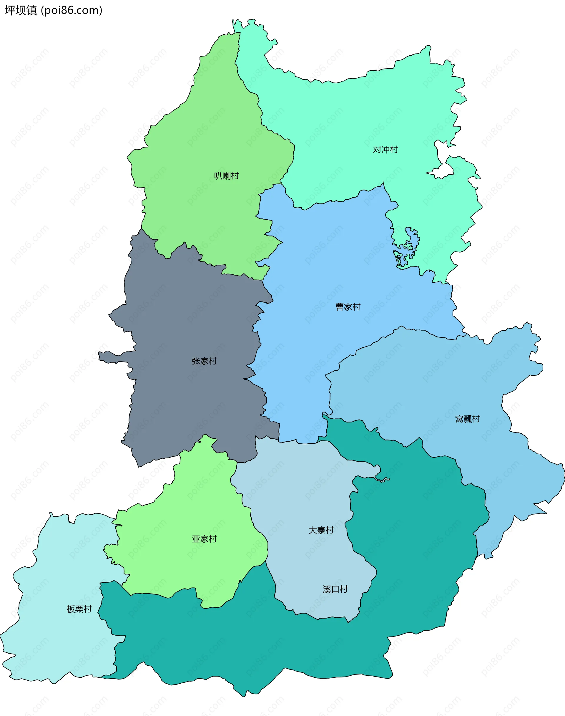 坪坝镇边界地图(五级行政区划)