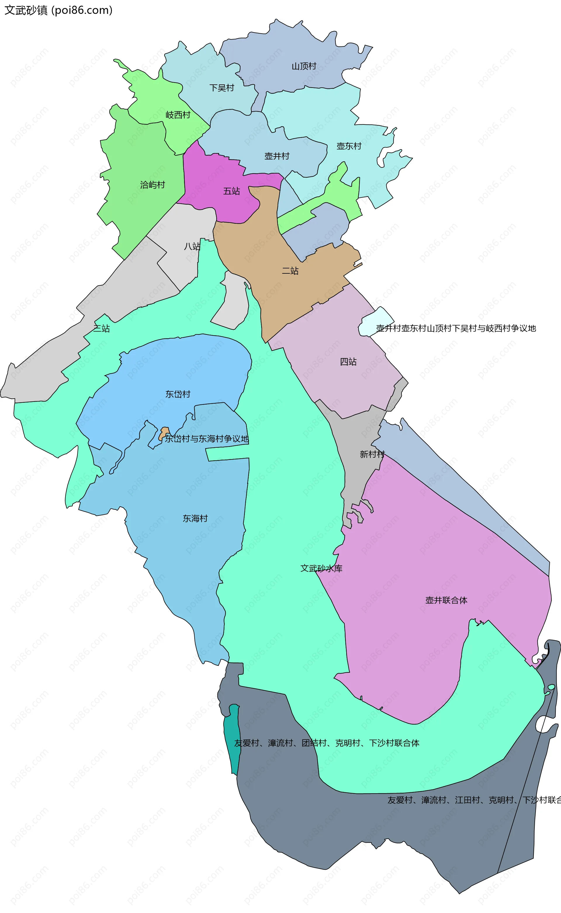 文武砂镇边界地图(五级行政区划)