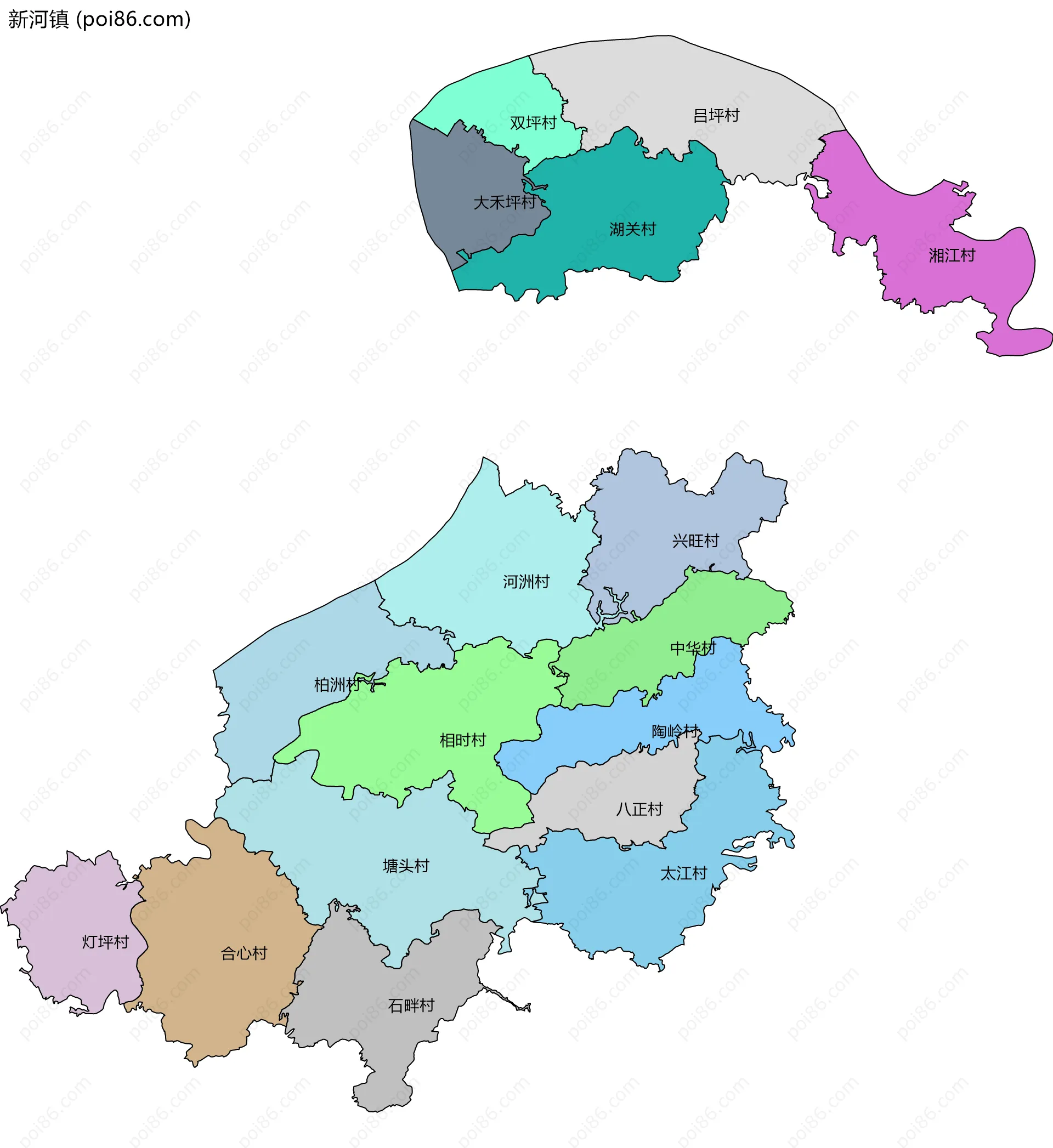 新河镇边界地图(五级行政区划)