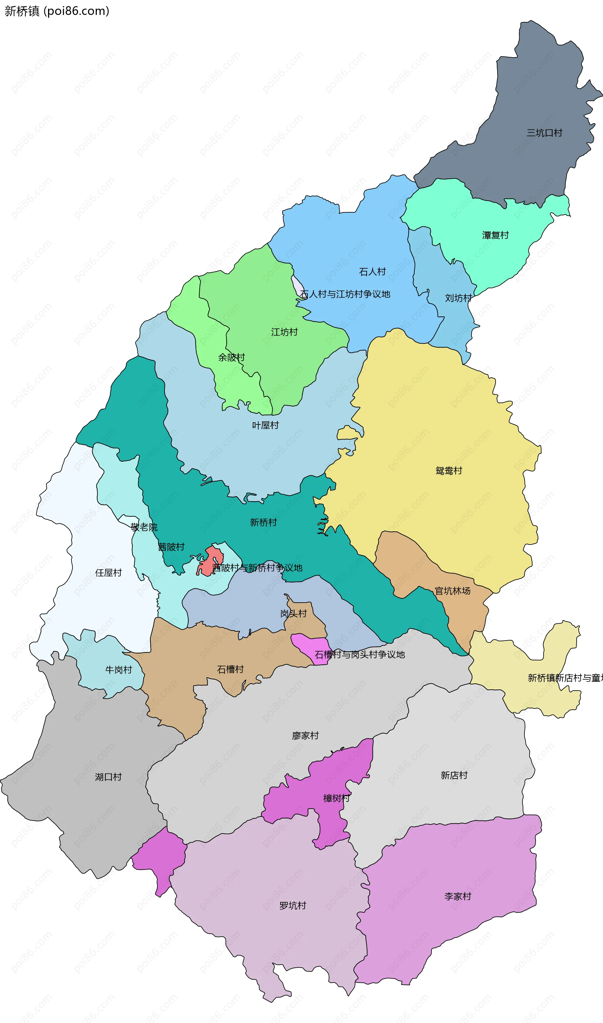 新桥镇边界地图(五级行政区划)