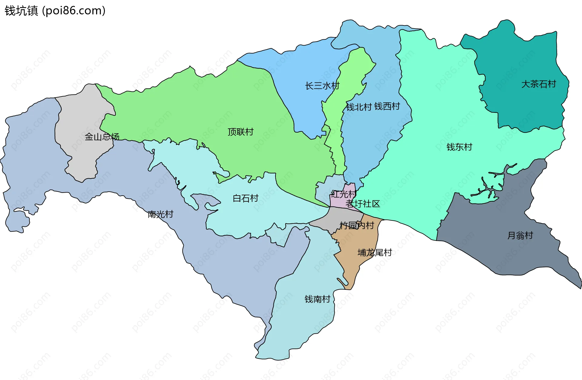 钱坑镇边界地图(五级行政区划)