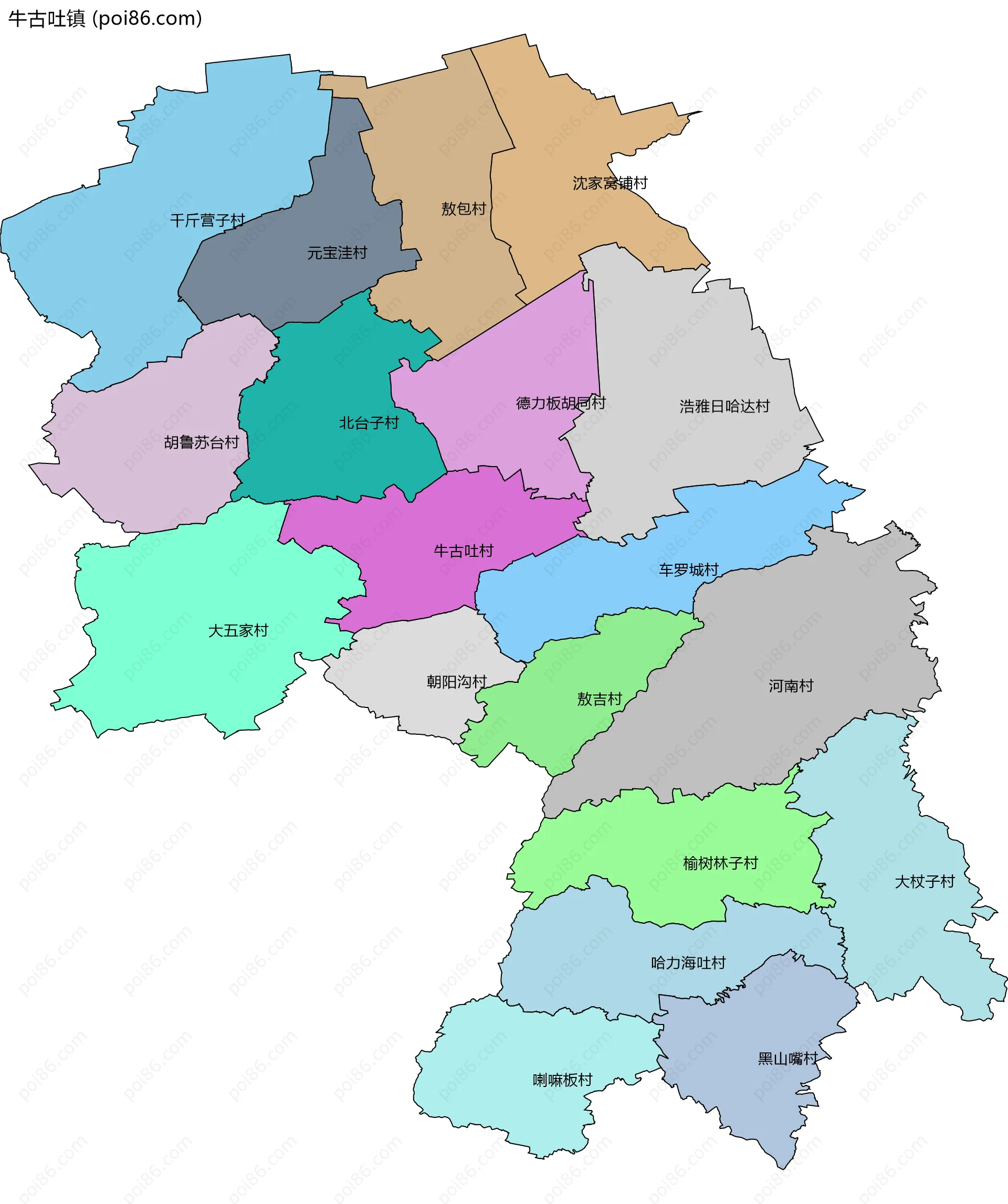 牛古吐镇边界地图(五级行政区划)