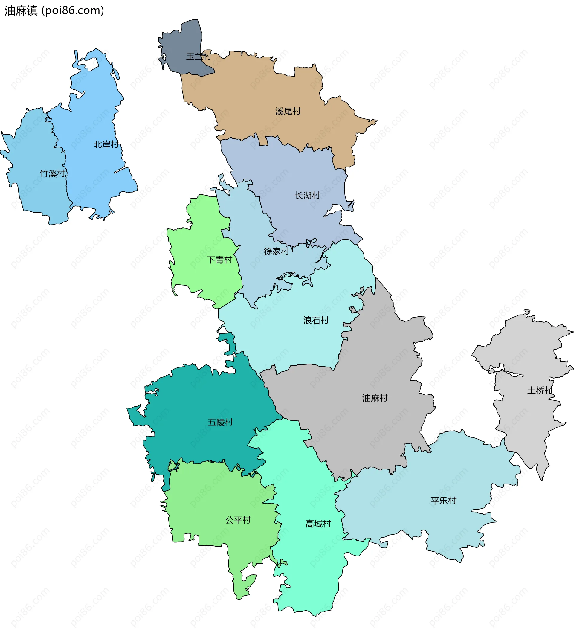 油麻镇边界地图(五级行政区划)