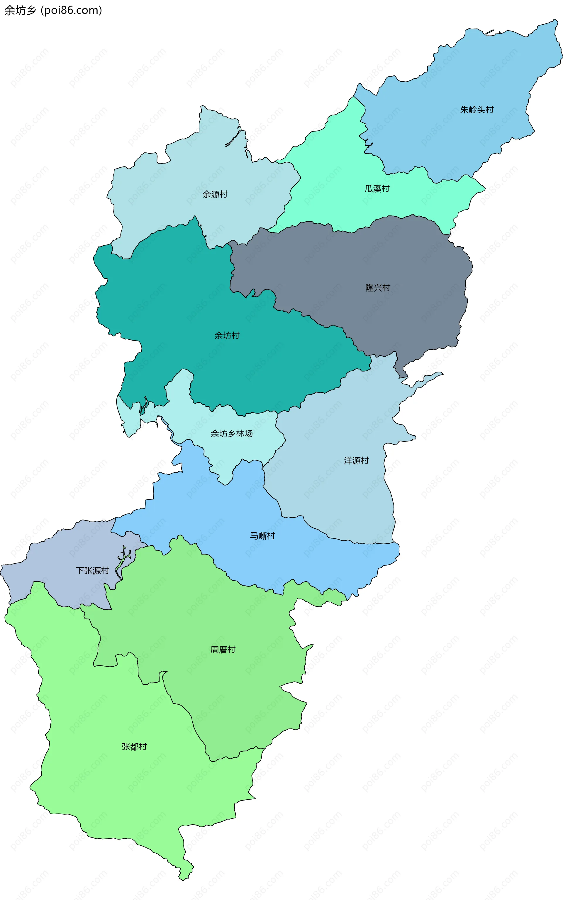 余坊乡边界地图(五级行政区划)