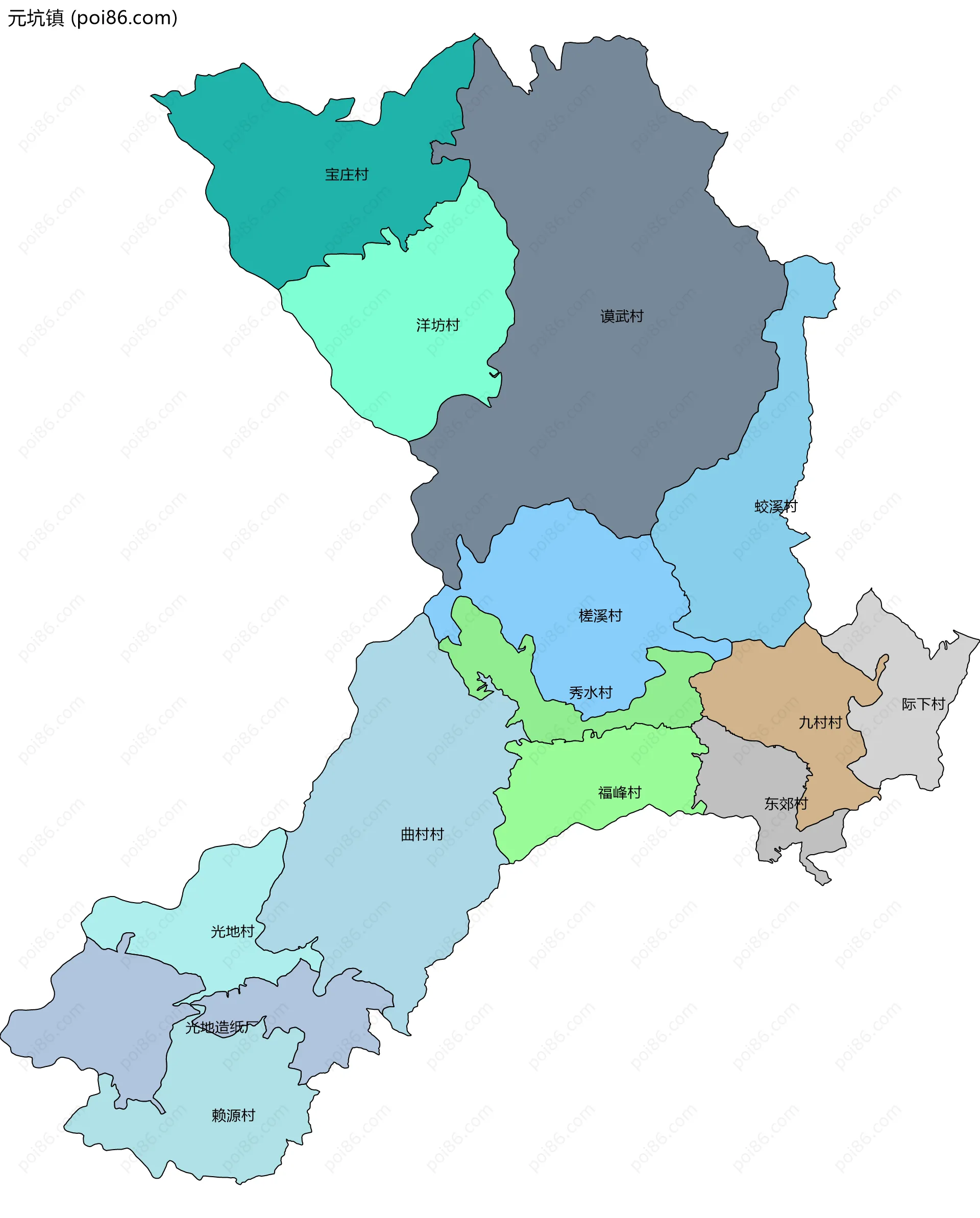 元坑镇边界地图(五级行政区划)