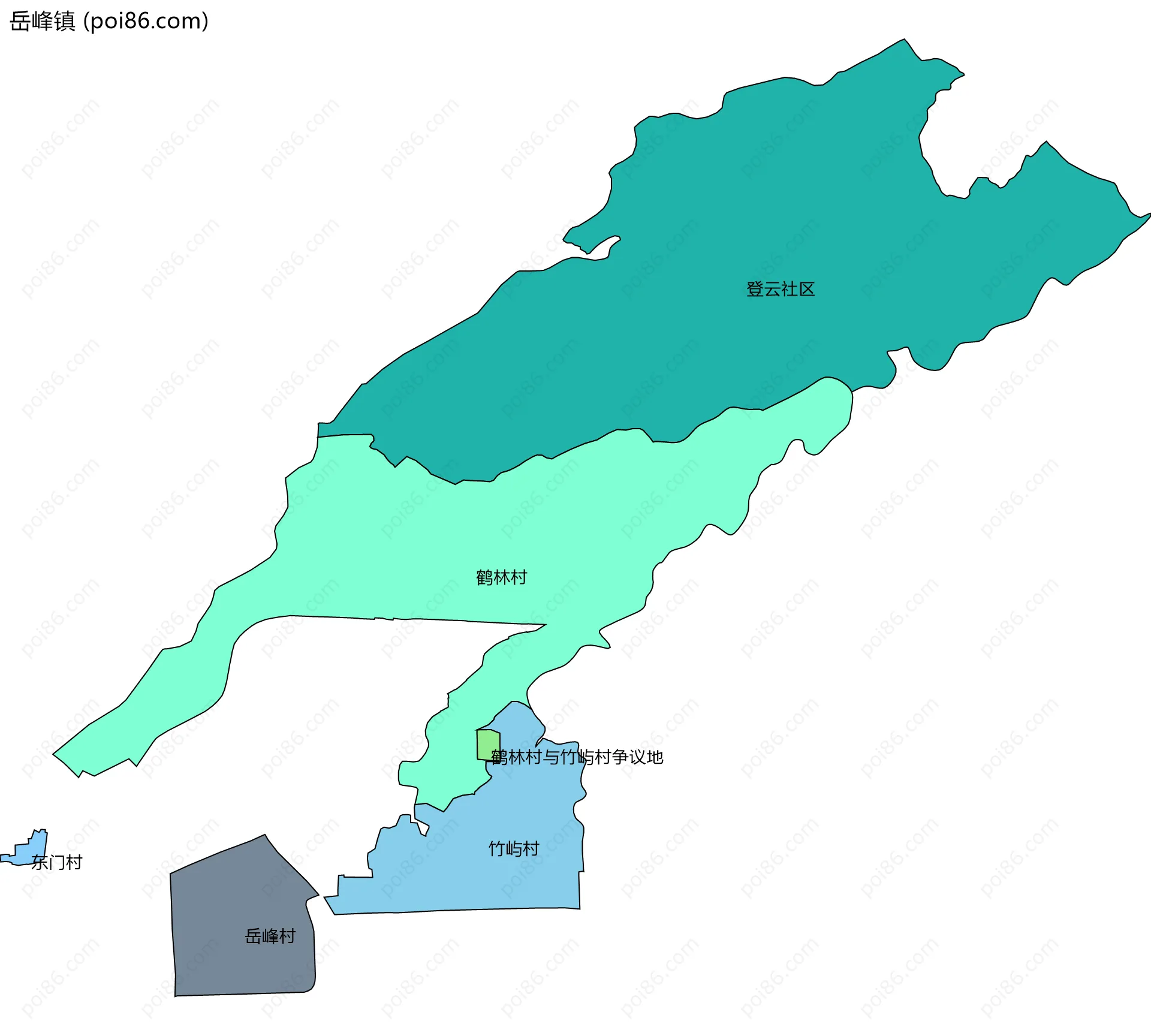 岳峰镇边界地图(五级行政区划)