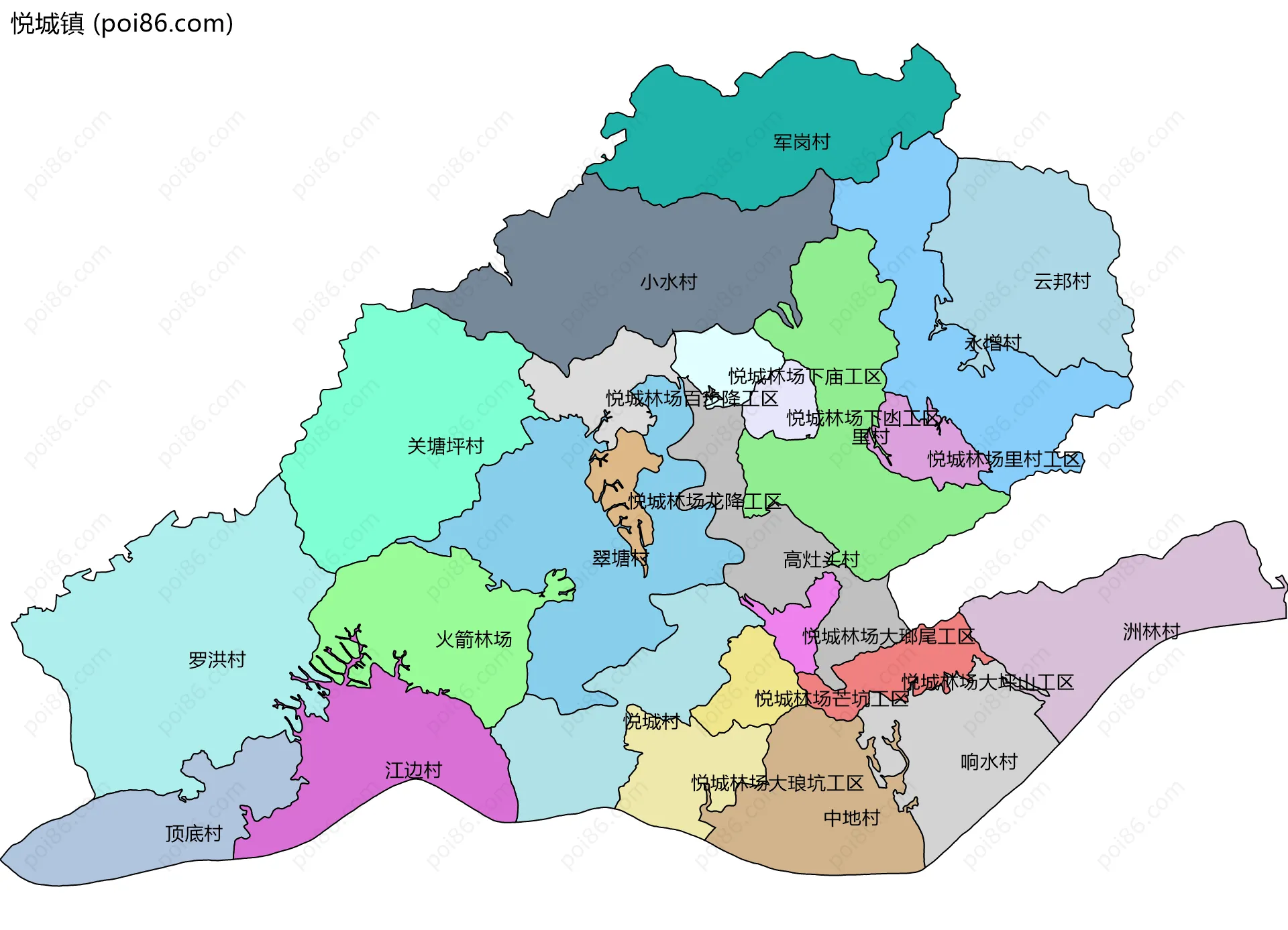 悦城镇边界地图(五级行政区划)