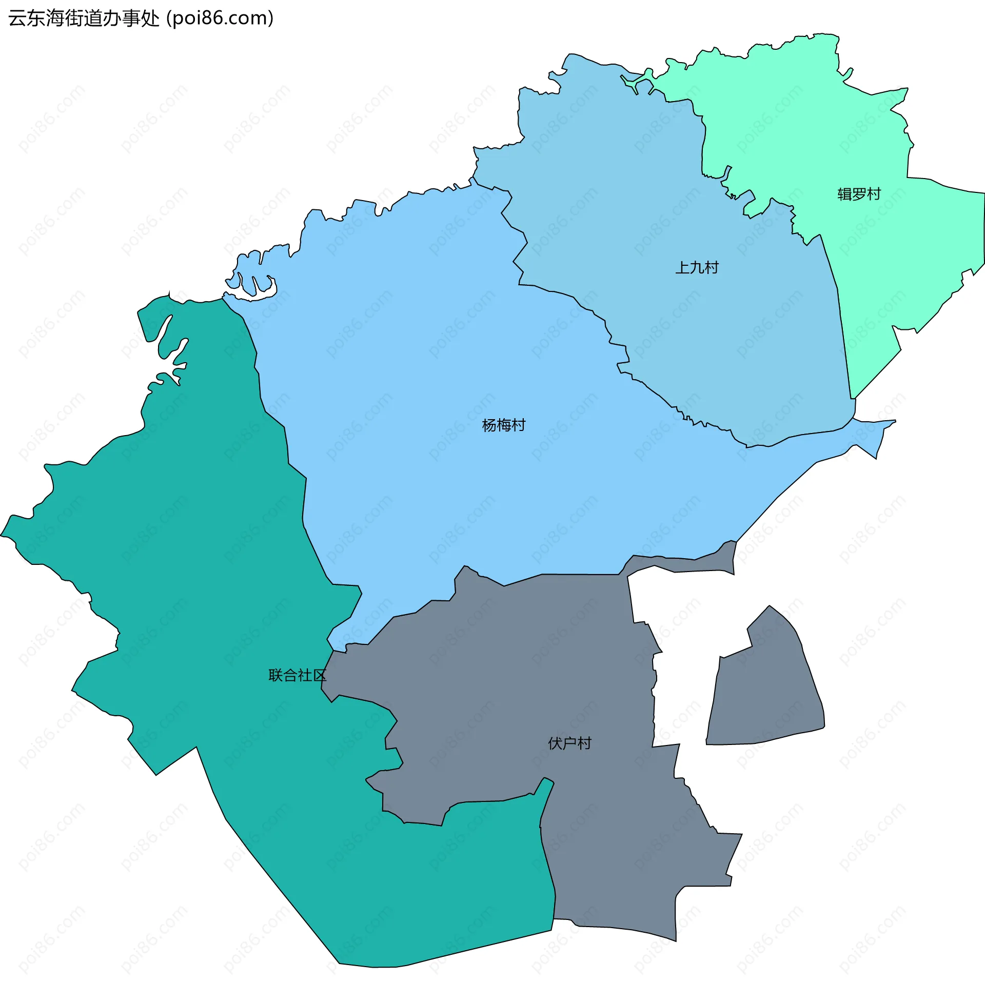 云东海街道办事处边界地图(五级行政区划)