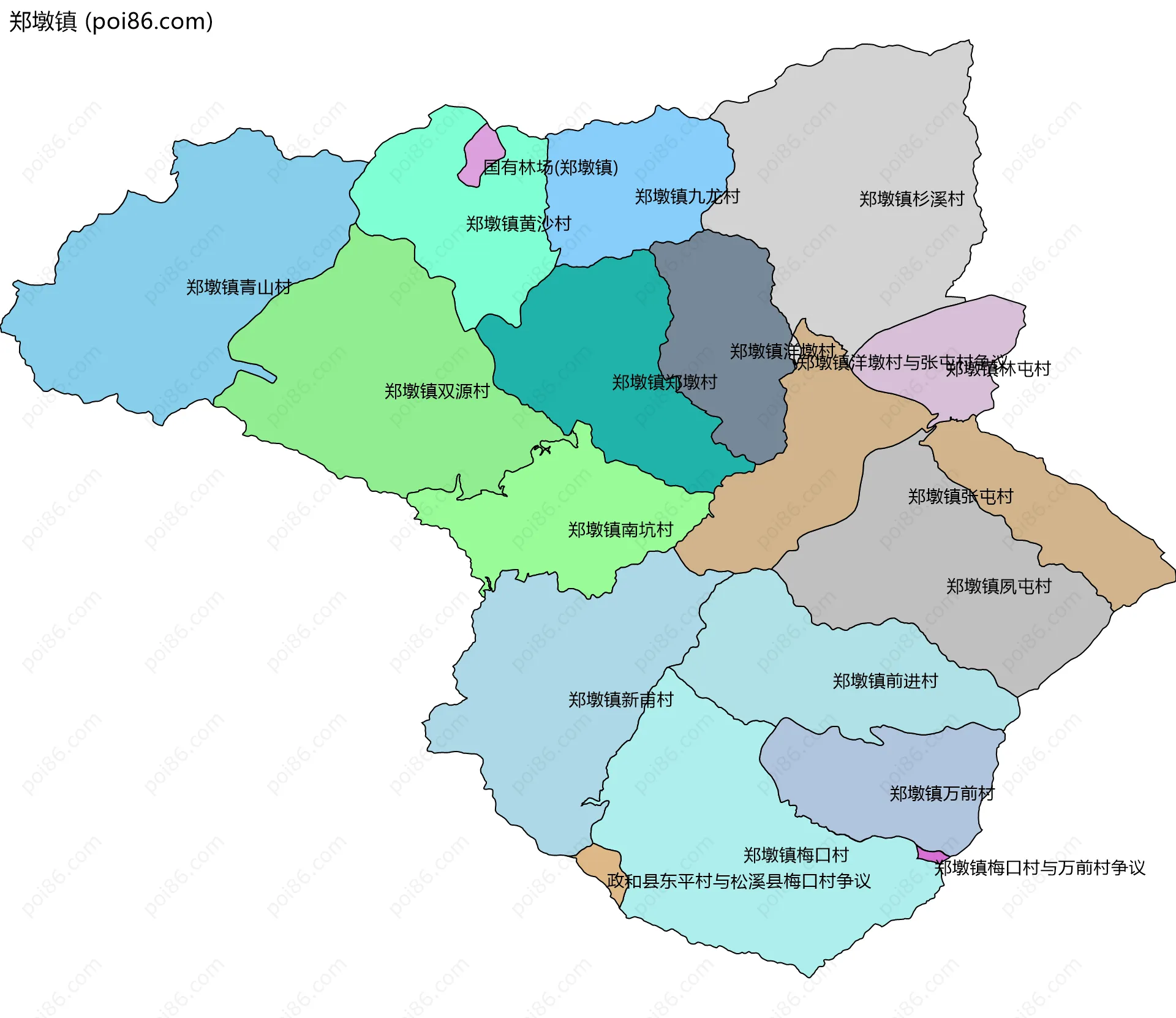 郑墩镇边界地图(五级行政区划)