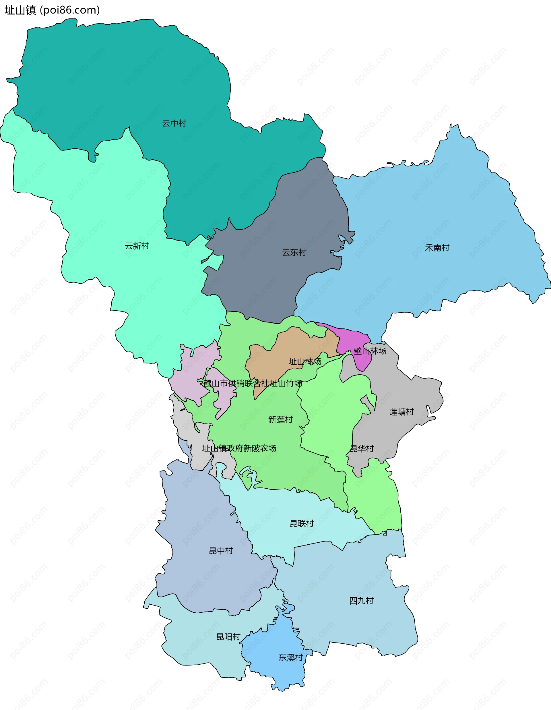 址山镇边界地图(五级行政区划)