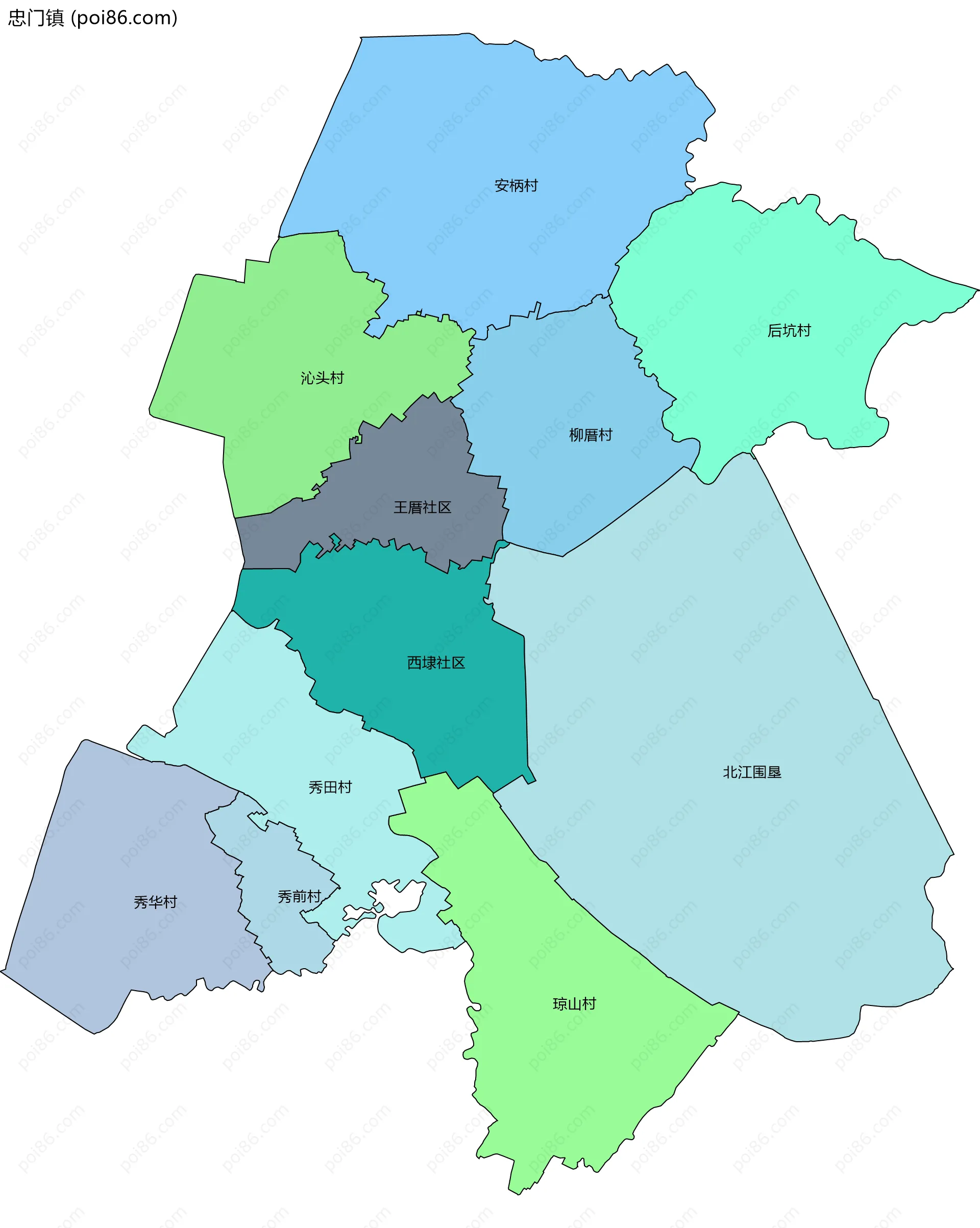 忠门镇边界地图(五级行政区划)