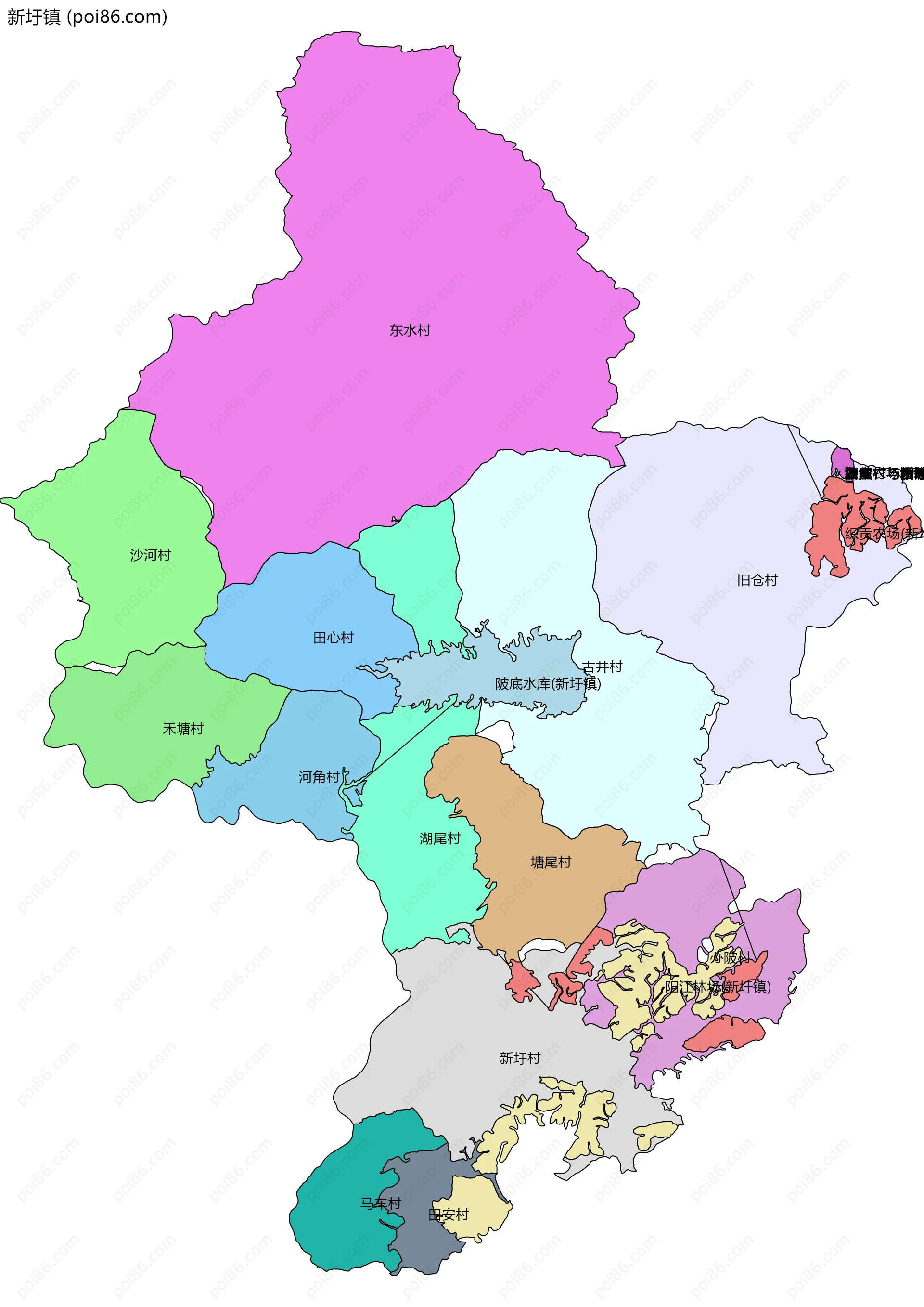 新圩镇边界地图(五级行政区划)