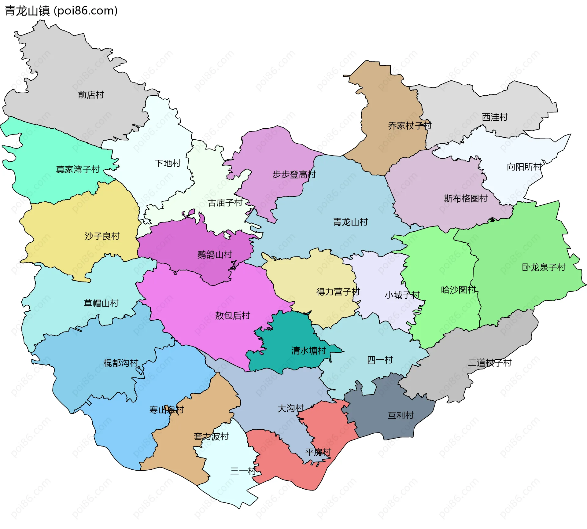 青龙山镇边界地图(五级行政区划)