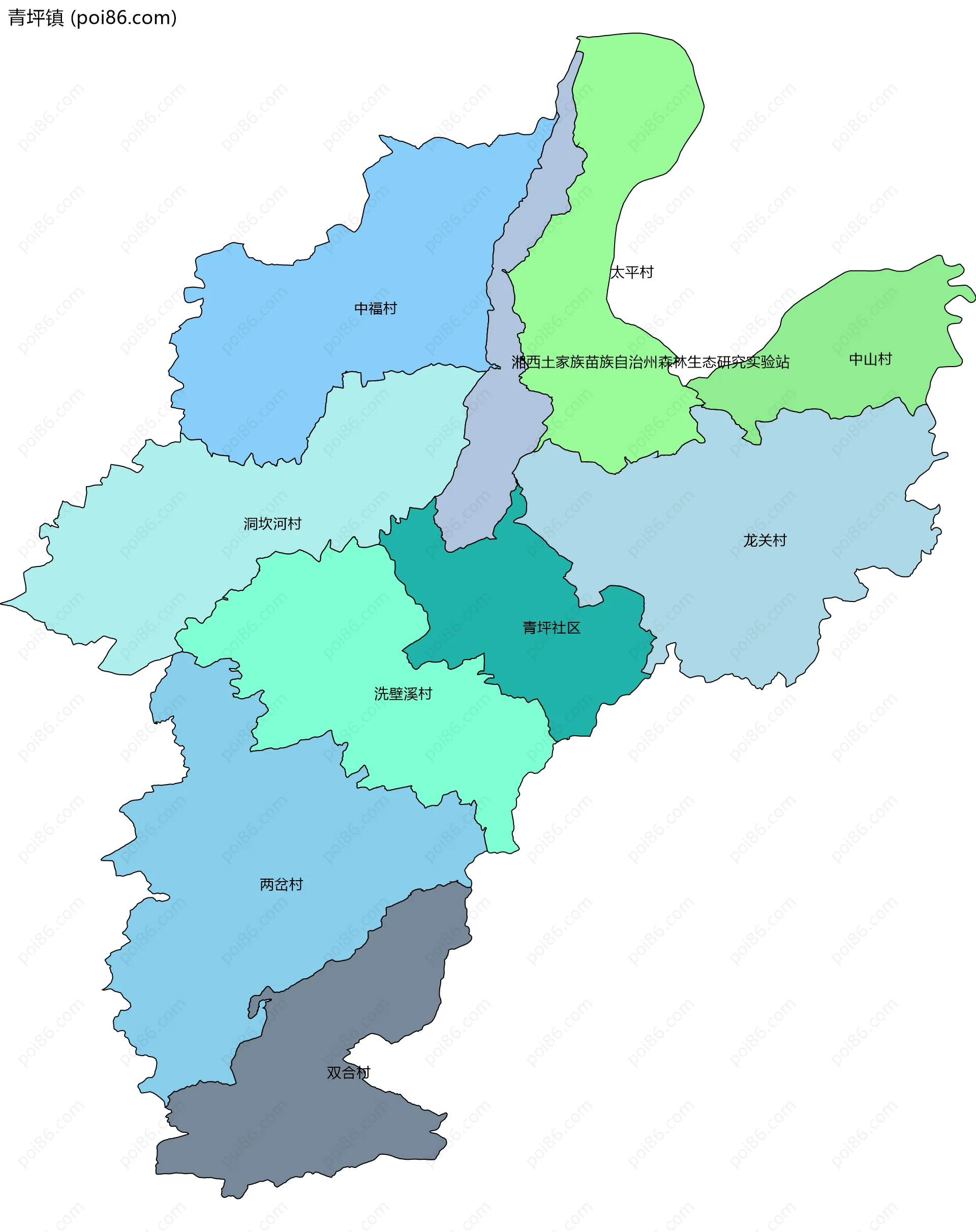 青坪镇边界地图(五级行政区划)