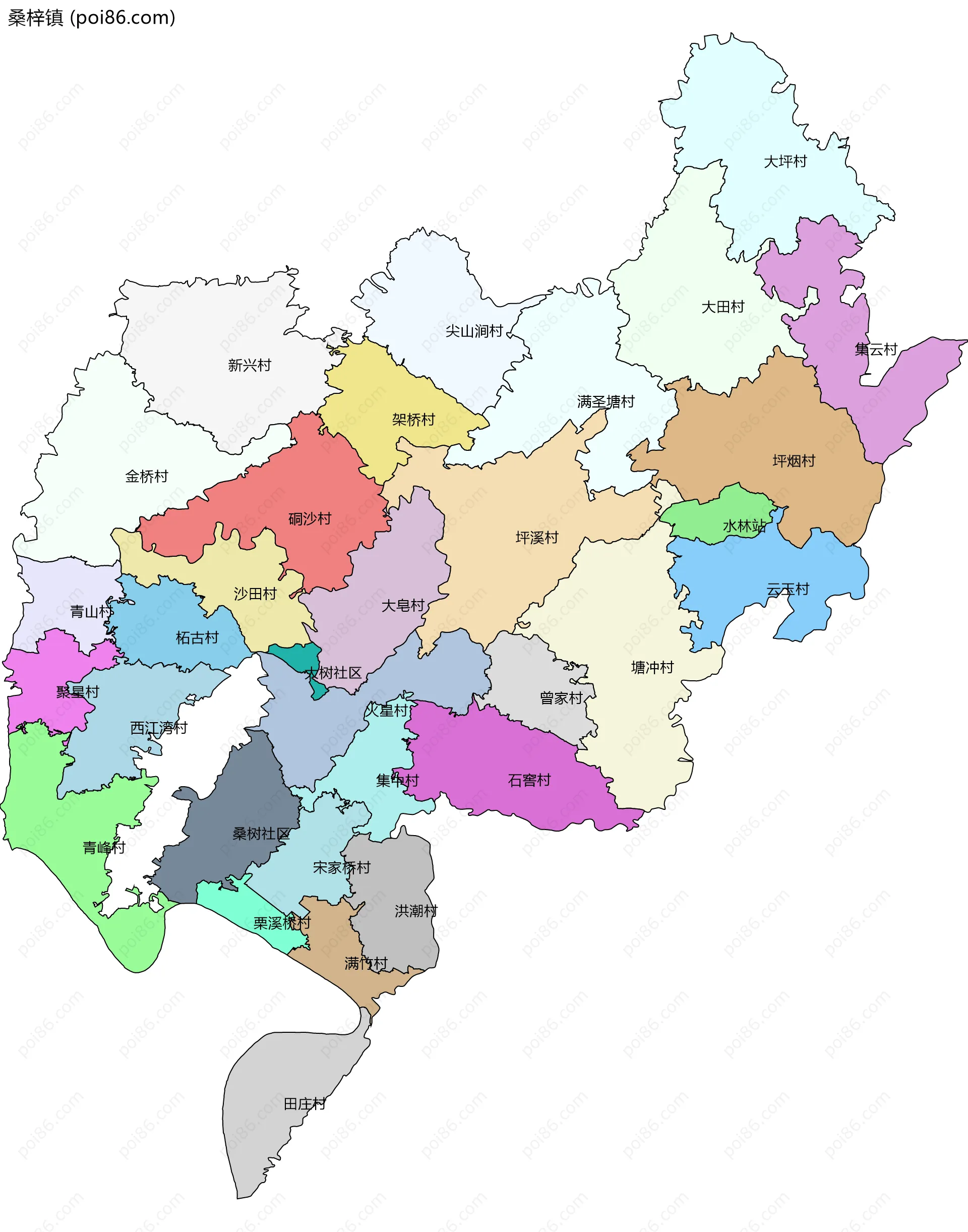 桑梓镇边界地图(五级行政区划)