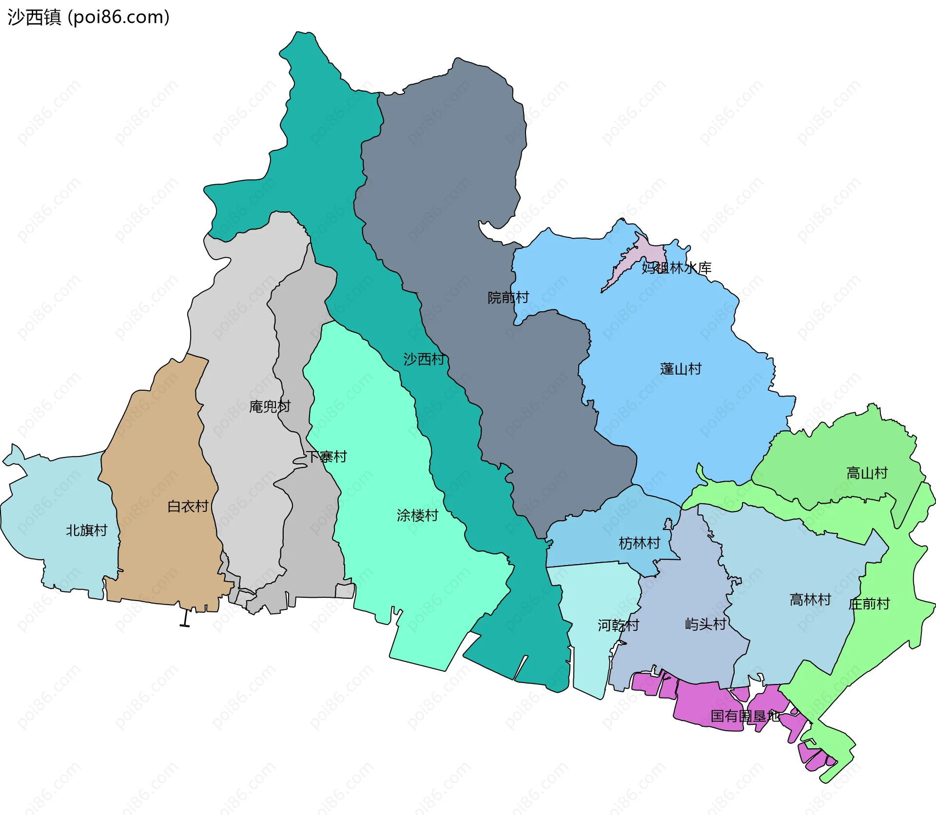 沙西镇边界地图(五级行政区划)