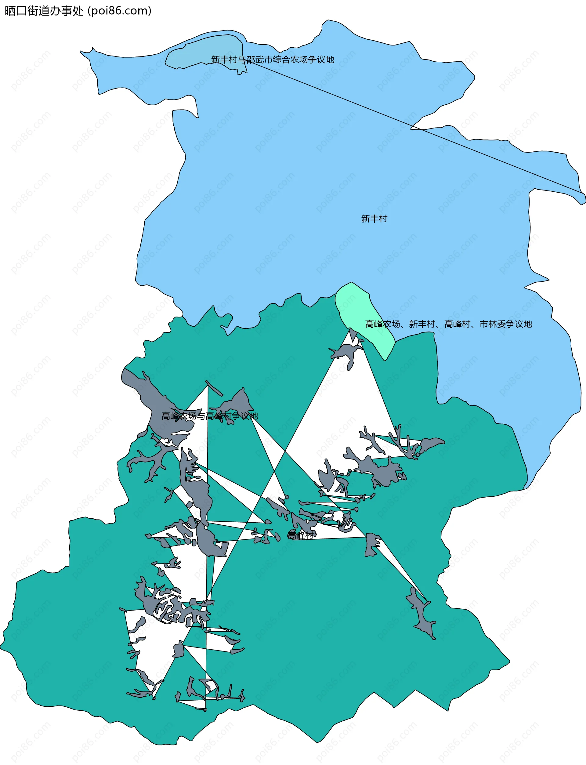 晒口街道办事处边界地图(五级行政区划)
