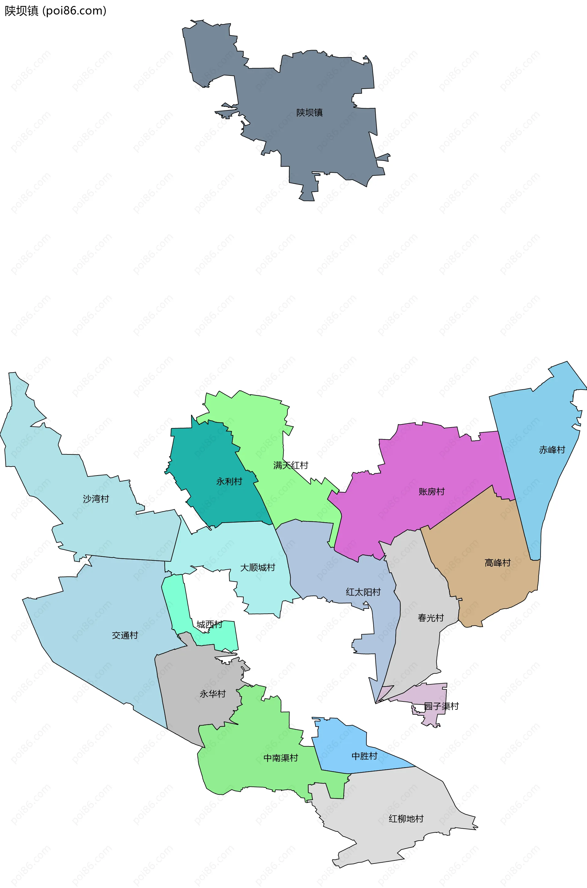 陕坝镇边界地图(五级行政区划)