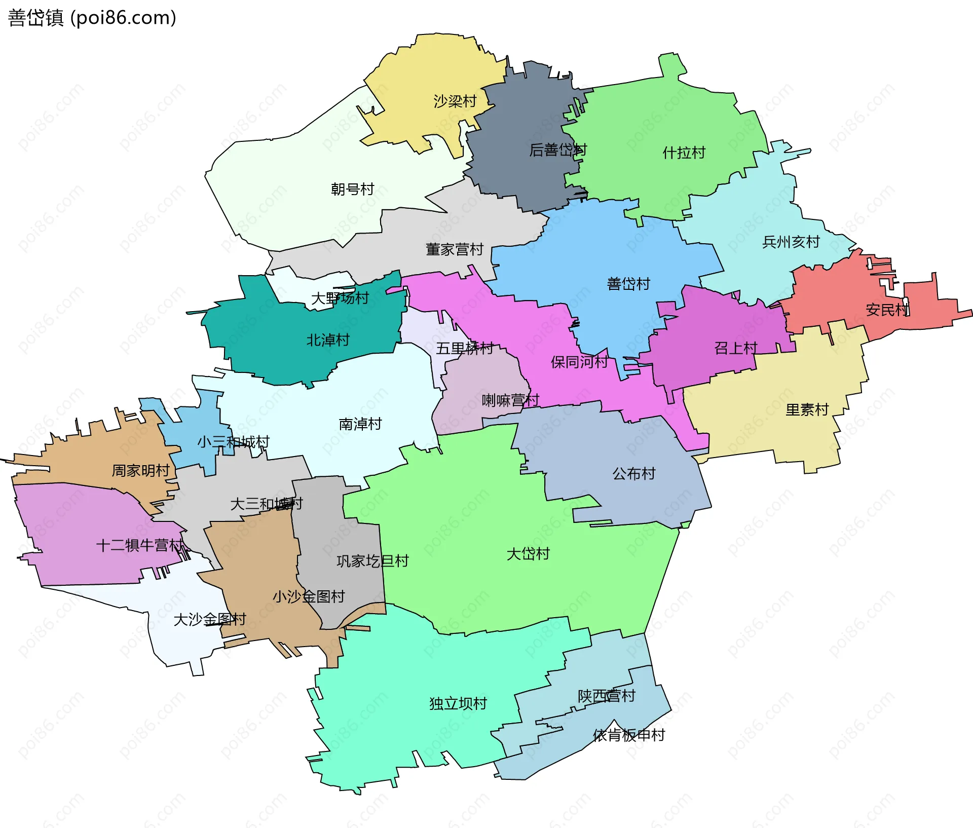 善岱镇边界地图(五级行政区划)