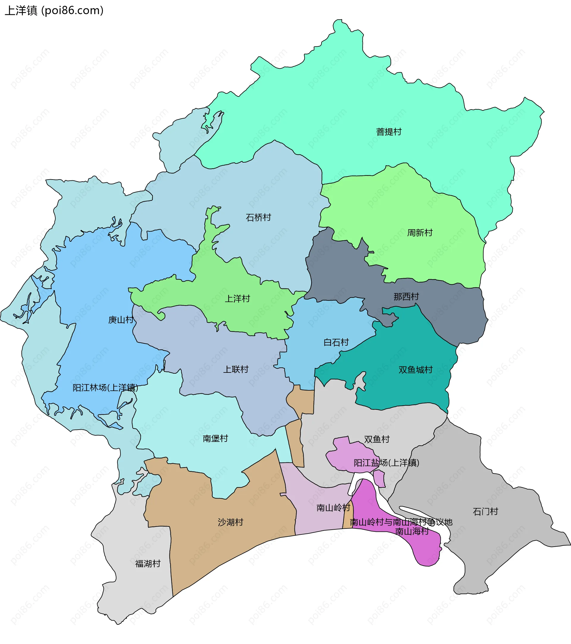 上洋镇边界地图(五级行政区划)