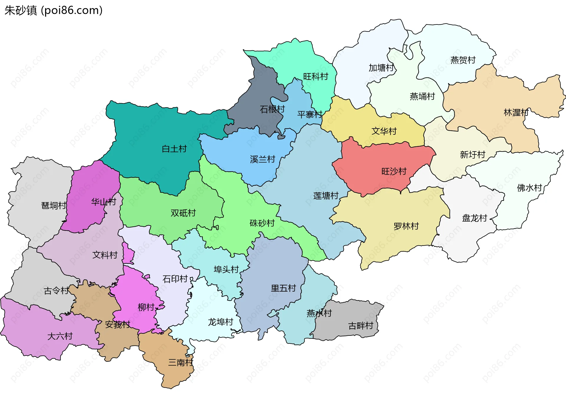 朱砂镇边界地图(五级行政区划)