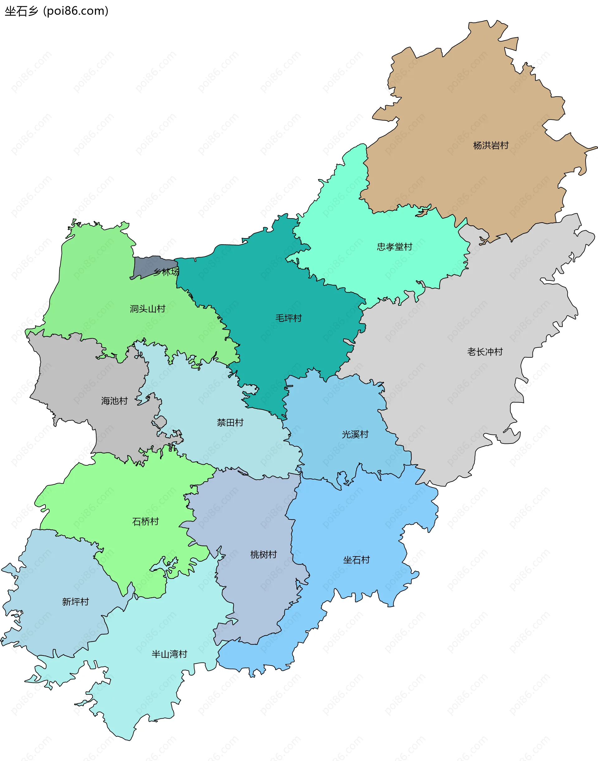 坐石乡边界地图(五级行政区划)