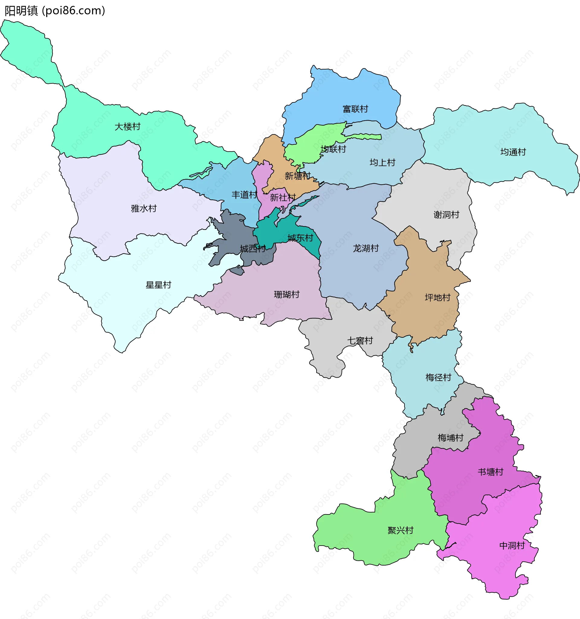 阳明镇边界地图(五级行政区划)