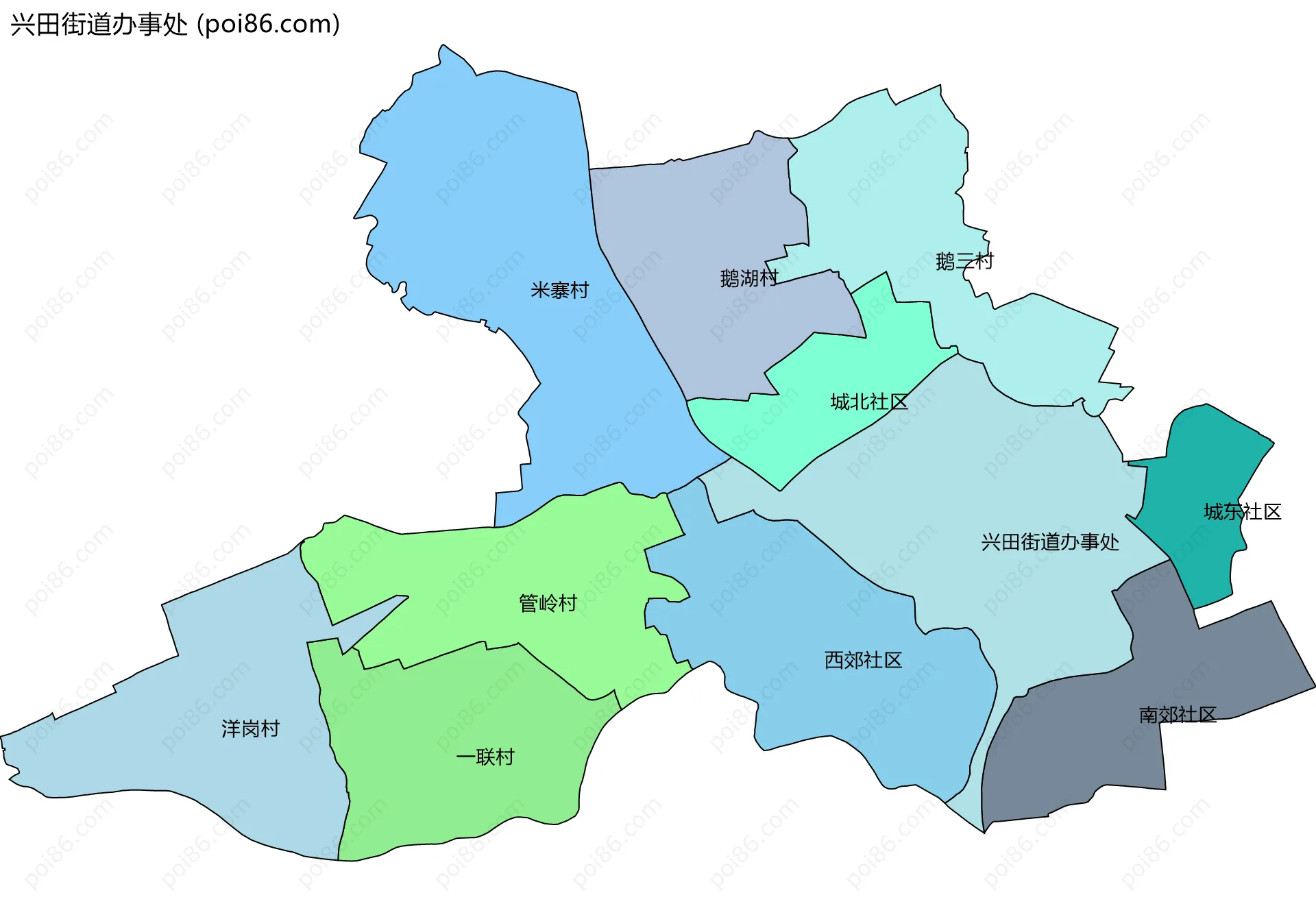 兴田街道办事处边界地图(五级行政区划)