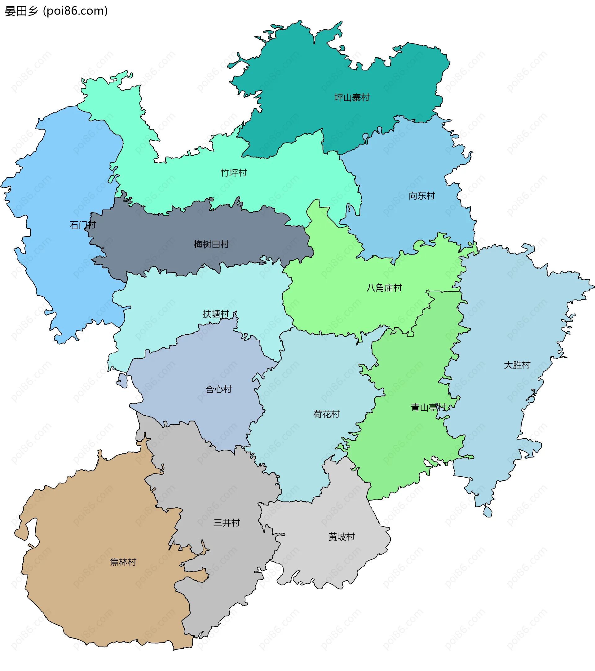 晏田乡边界地图(五级行政区划)