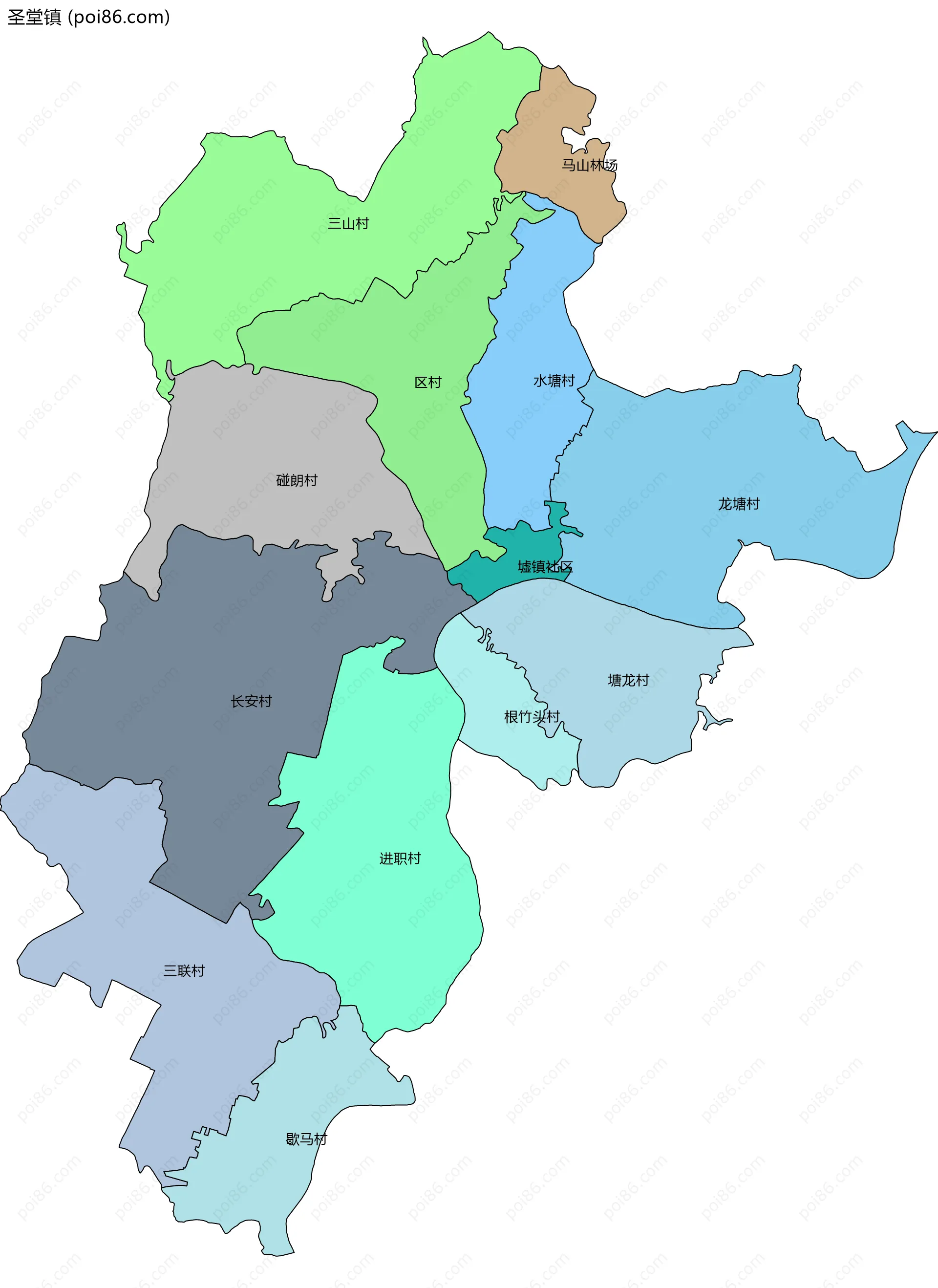 圣堂镇边界地图(五级行政区划)