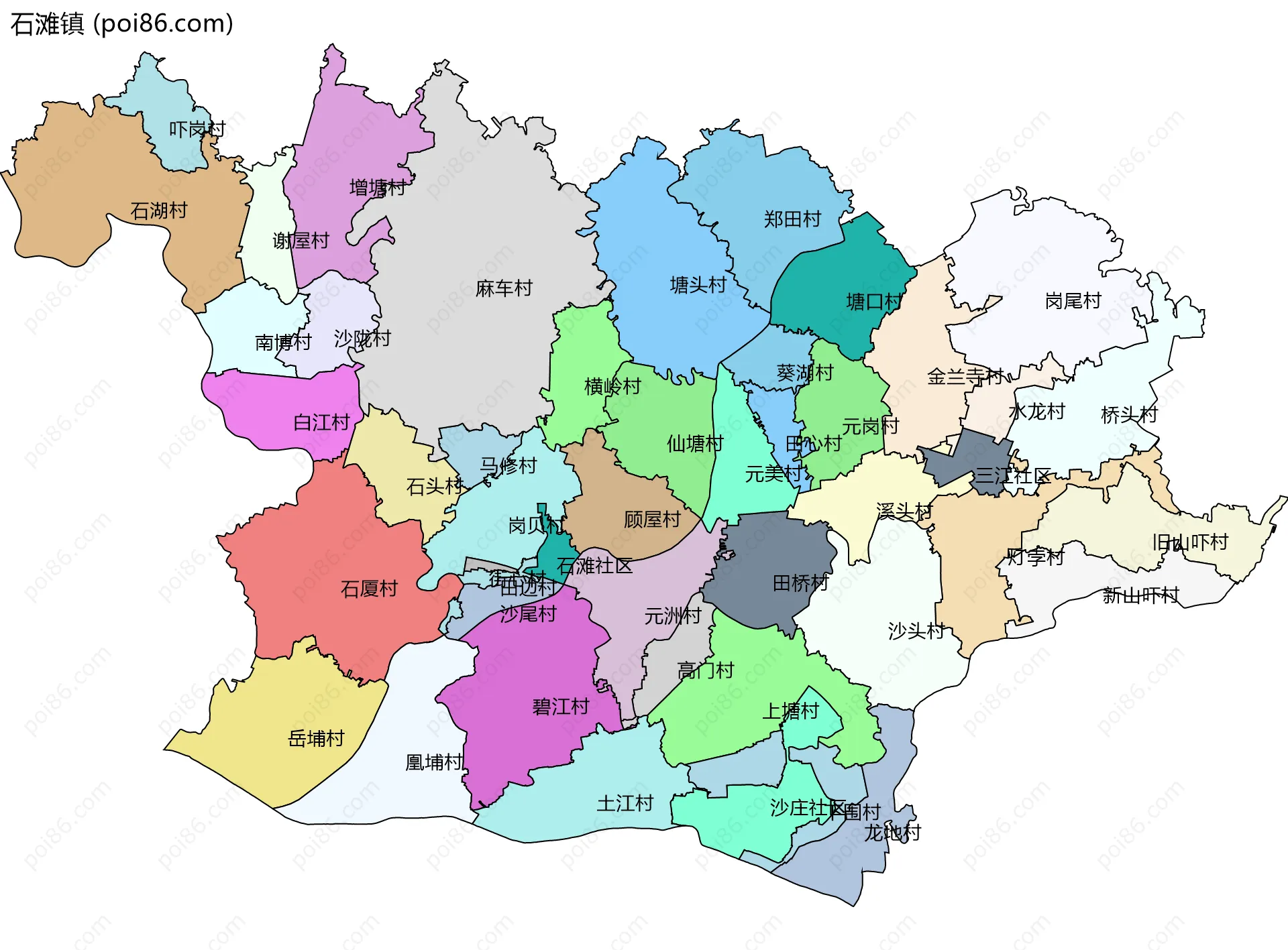 石滩镇边界地图(五级行政区划)