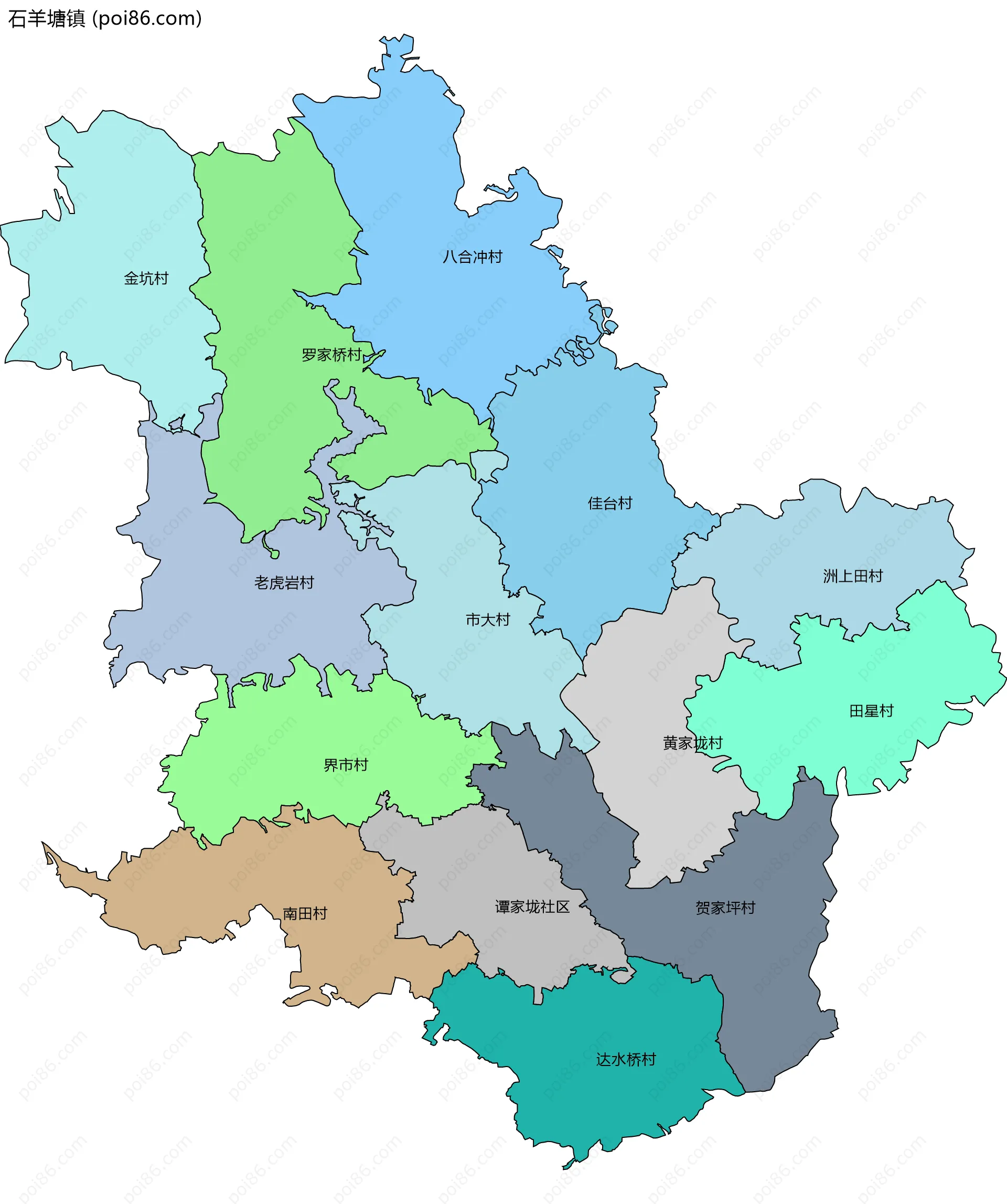 石羊塘镇边界地图(五级行政区划)