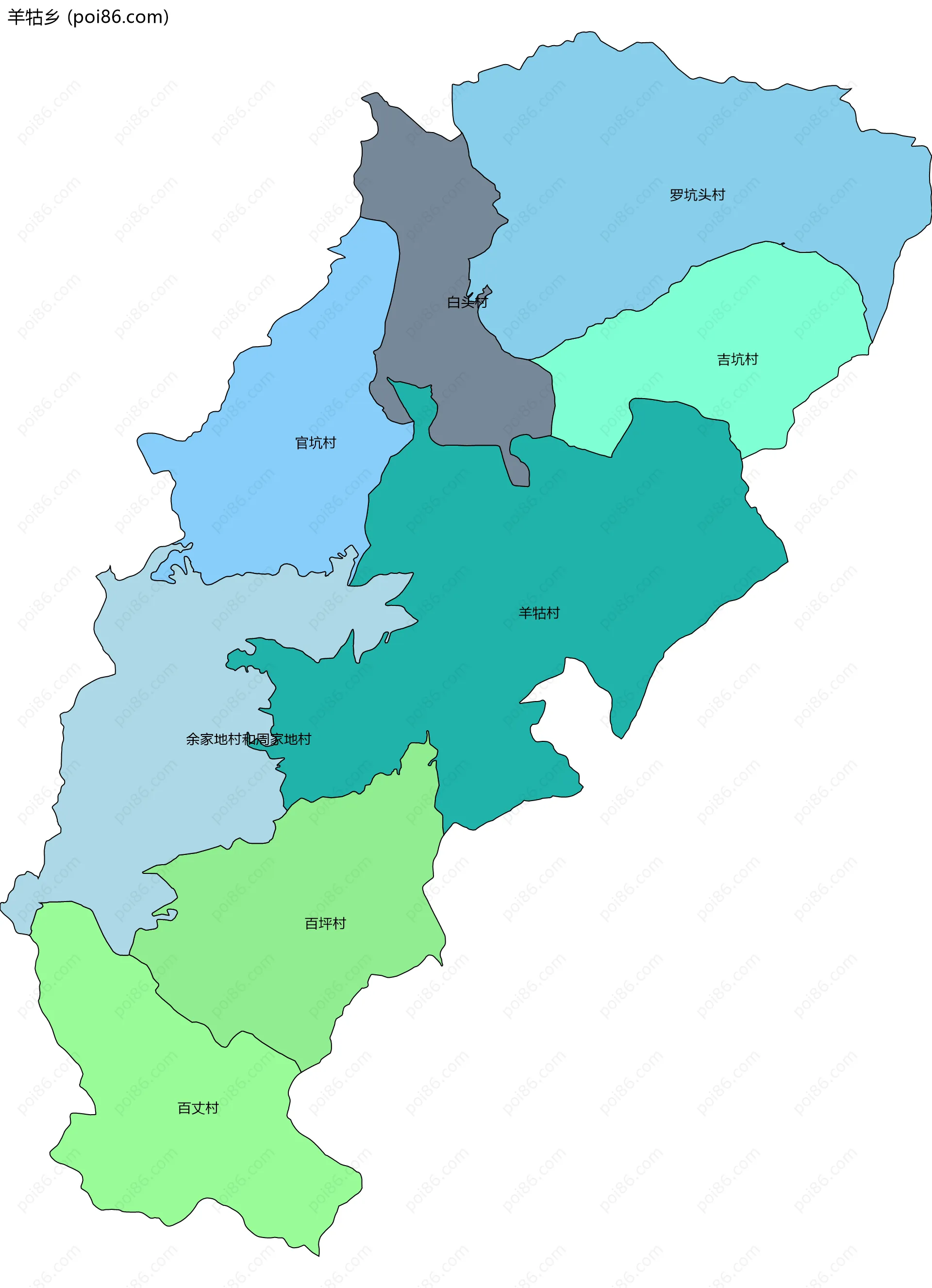 羊牯乡边界地图(五级行政区划)