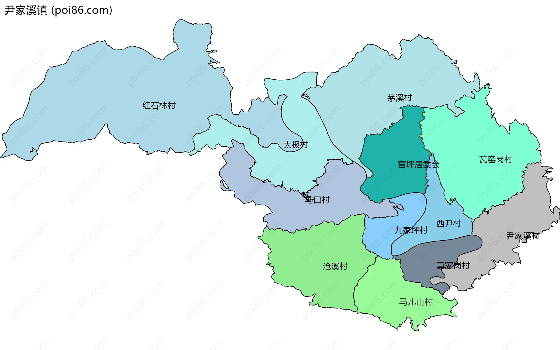 尹家溪镇边界地图(五级行政区划)