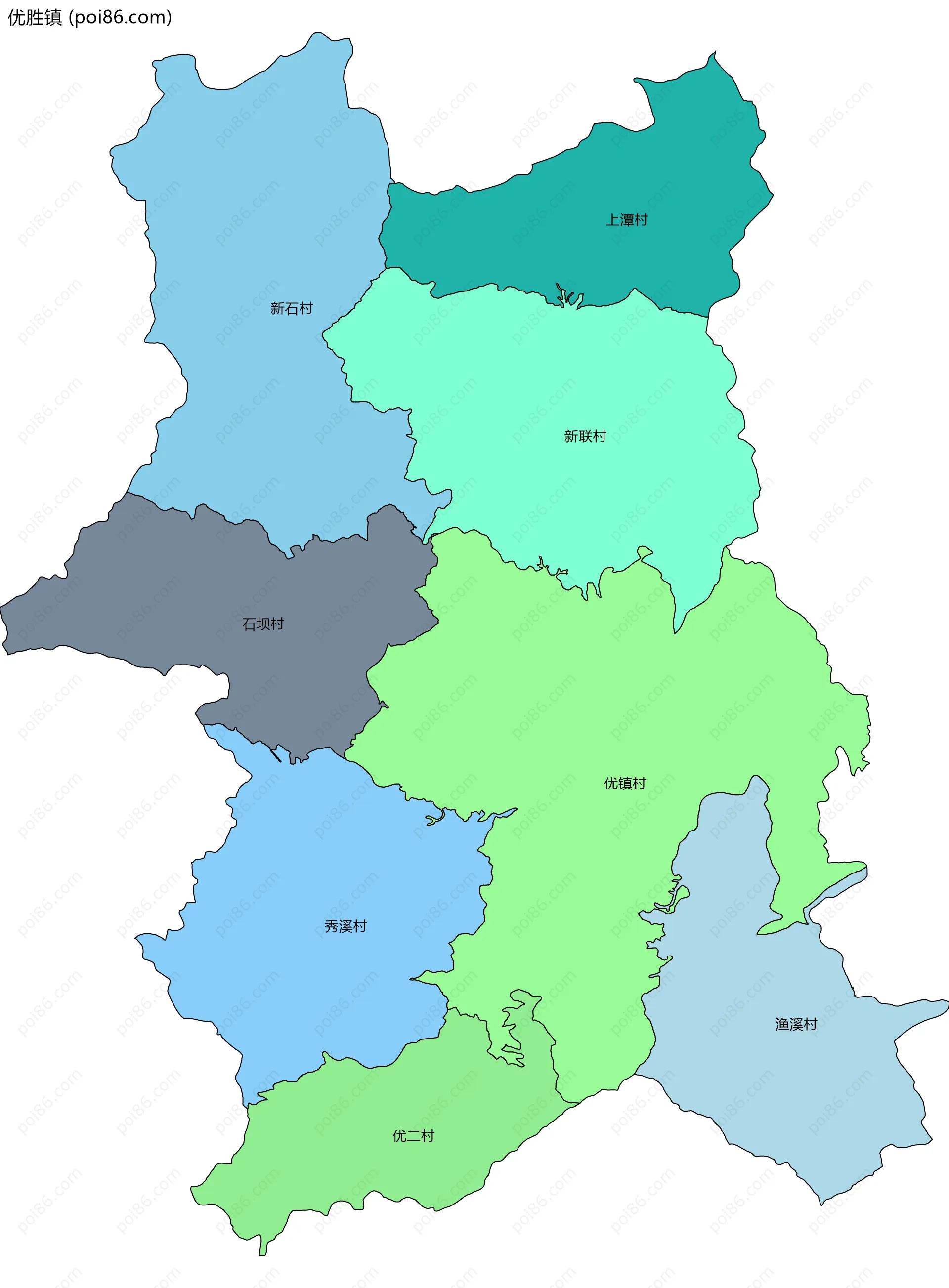 优胜镇边界地图(五级行政区划)