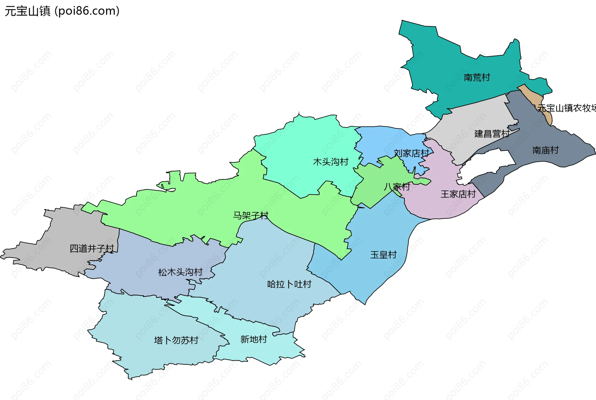 元宝山镇边界地图(五级行政区划)