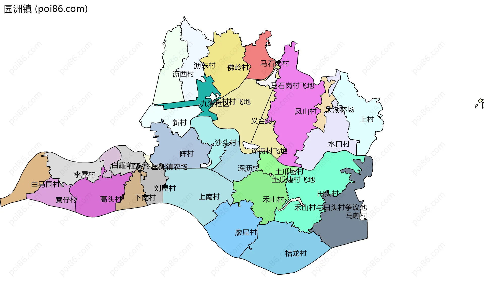 园洲镇边界地图(五级行政区划)