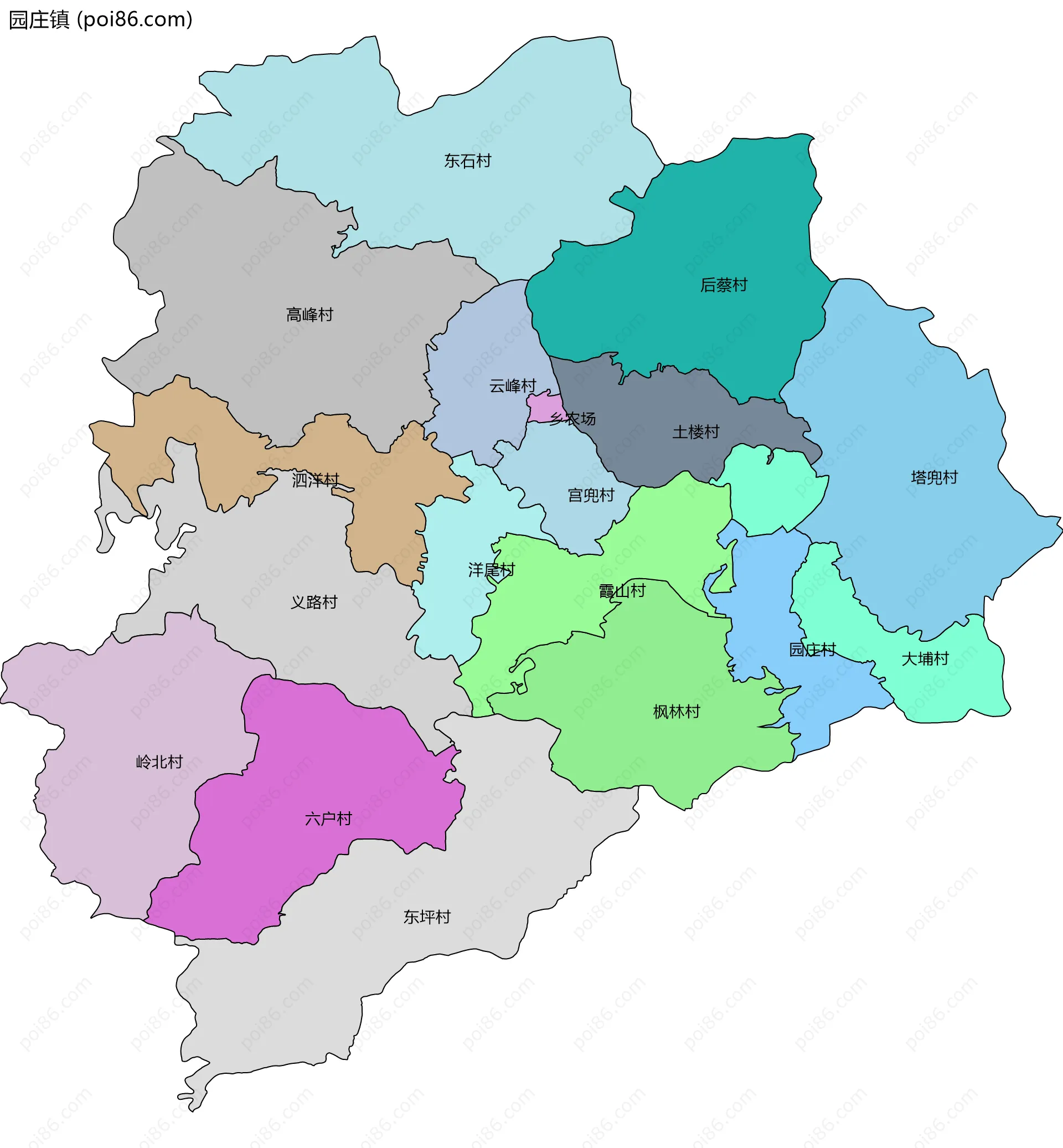 园庄镇边界地图(五级行政区划)