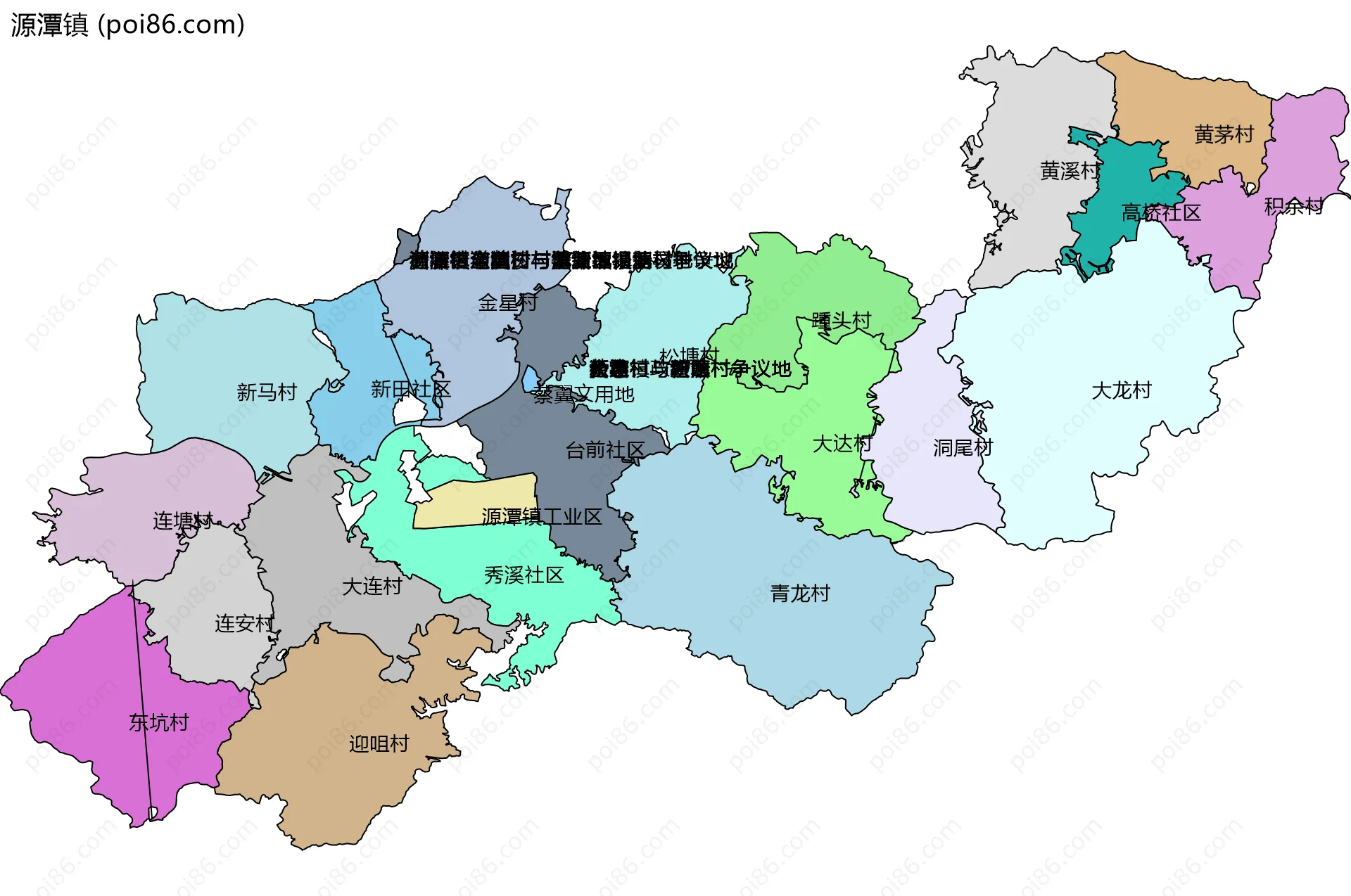 源潭镇边界地图(五级行政区划)
