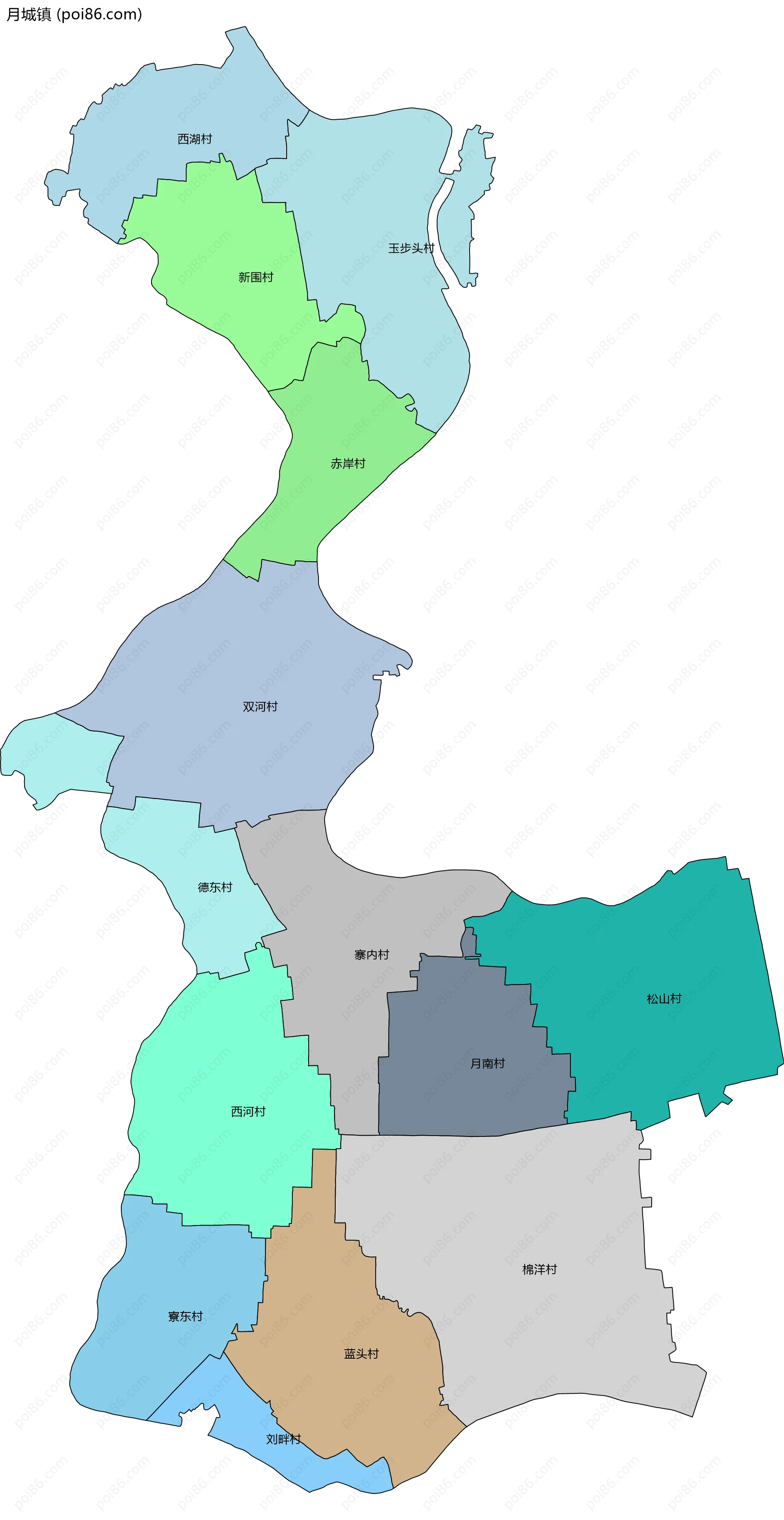 月城镇边界地图(五级行政区划)