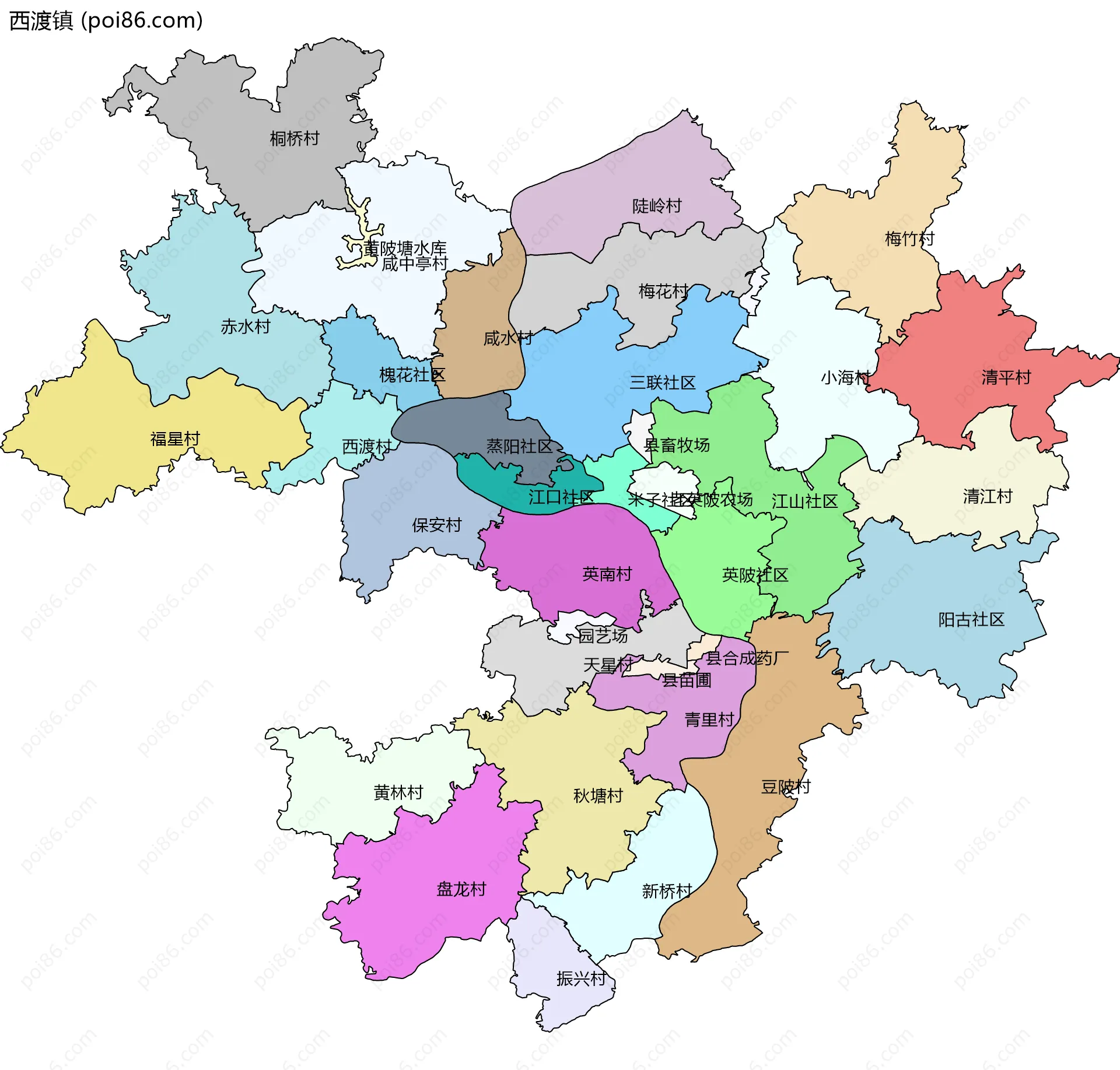 西渡镇边界地图(五级行政区划)